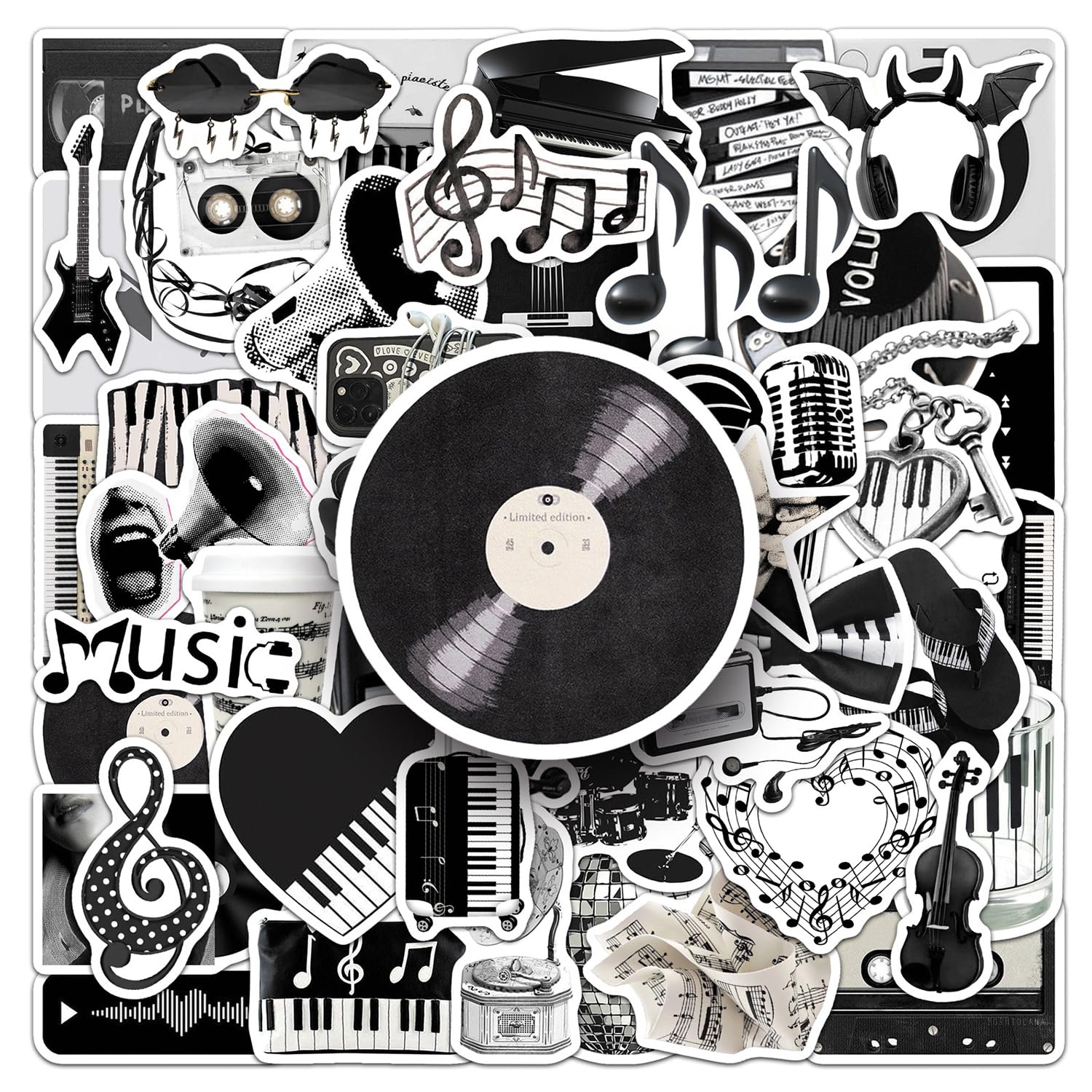 100Pcs Music Stickers, Black & White Creative Notes Waterproof Decor DIY Notebook Laptop Phone Case Luggage Bike Water Bottle Stickers, Music Gift, Rock Party Decor