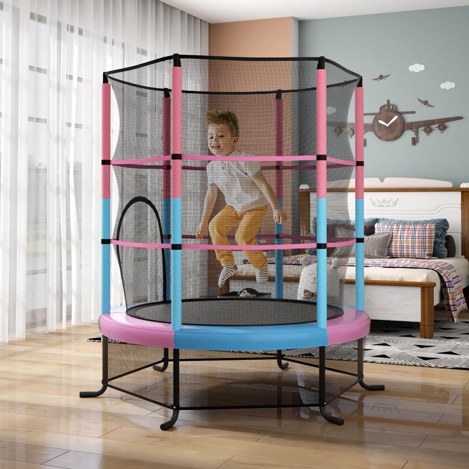 COSTWAY Trampoline Extérieur Enfants Ø165 CM avec Filet de Sécurité, Trampoline Enfants avec Cadre en Acier & 6 Poteaux Recouvert de Mousse, Charge Max 135kg pour Garçon et Fille…