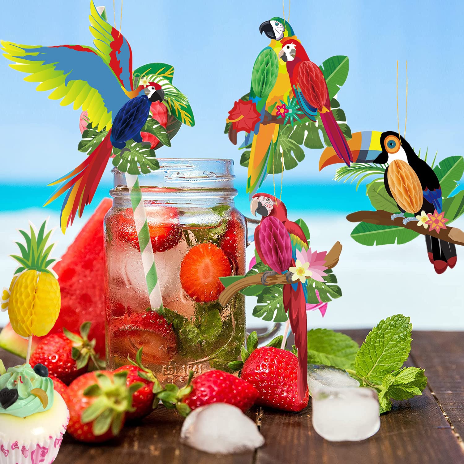6 pezzi pappagallo tropicale da appendere, pappagallo nido d'ape, decorazione hawaiana, feste estive luau, feste tropicali