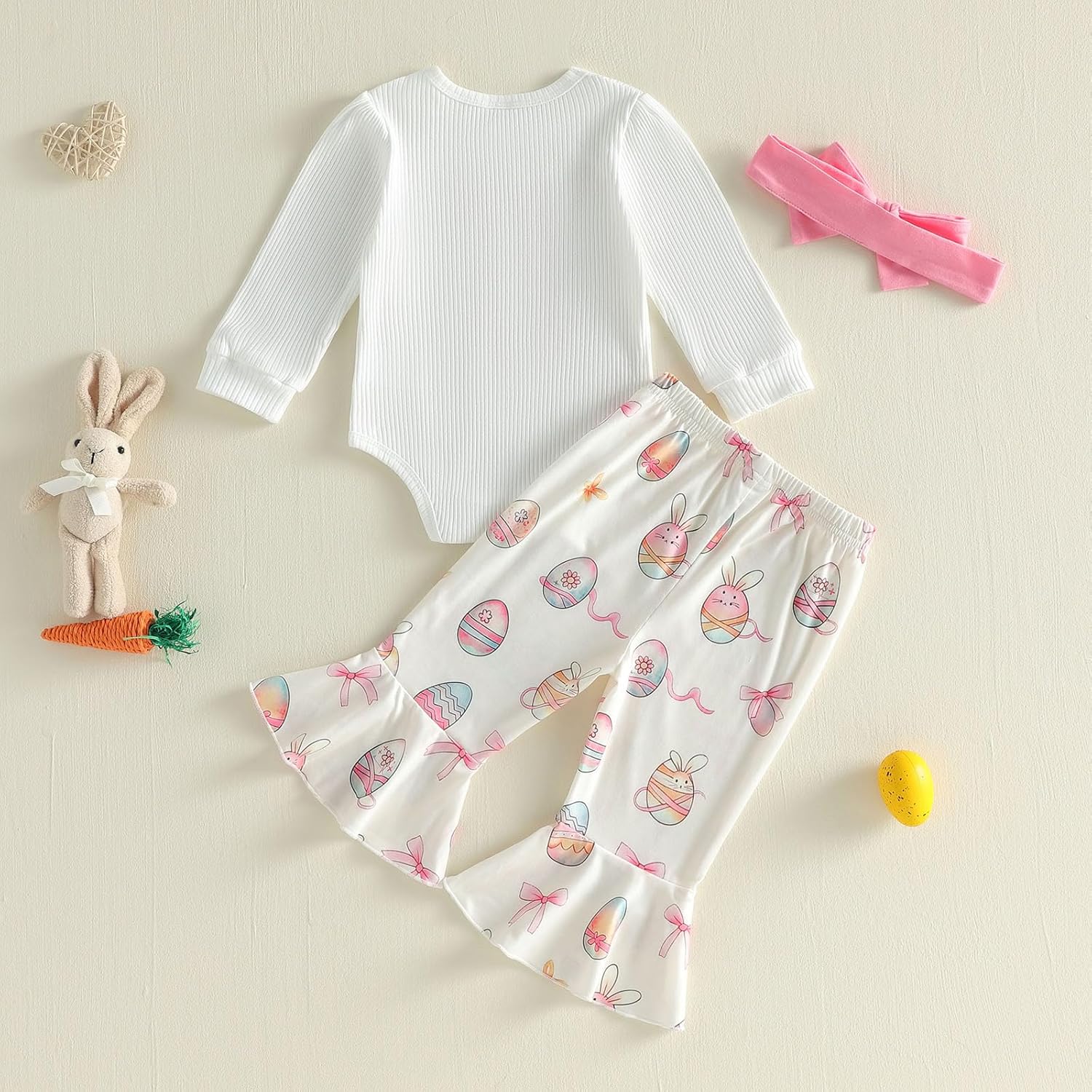 Thorn Tree My First Easter Baby Girl Outfit Long Sleeve Bunny Romper Egg Bell Pants Bow Headband Newborn Infant Clothes - Image 4