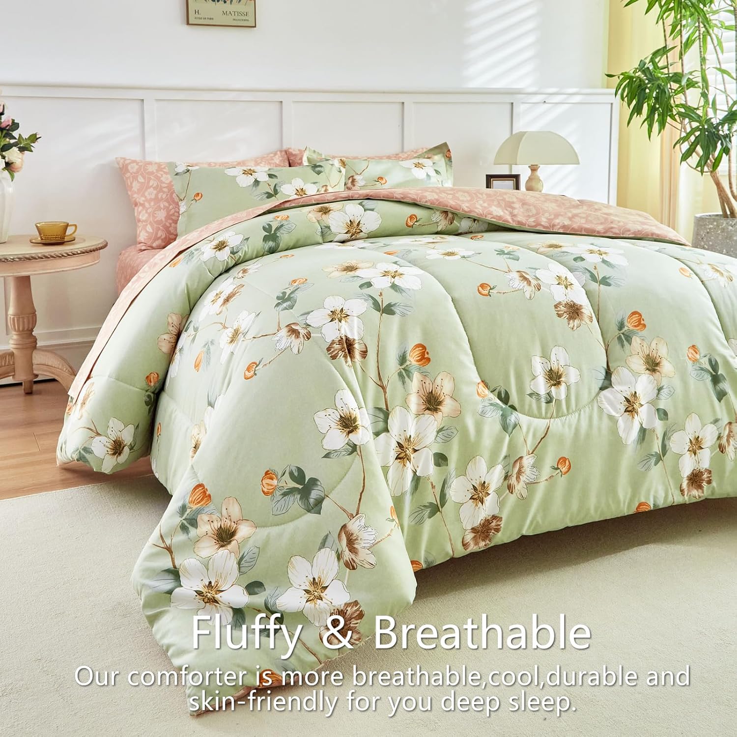 AIKASY 7 Piece Floral Comforter Set Queen Size - Soft Microfiber Bed in a Bag with Sheet Set for All Seasons - Green Flower Botanical Design - Reversible Bedding Set