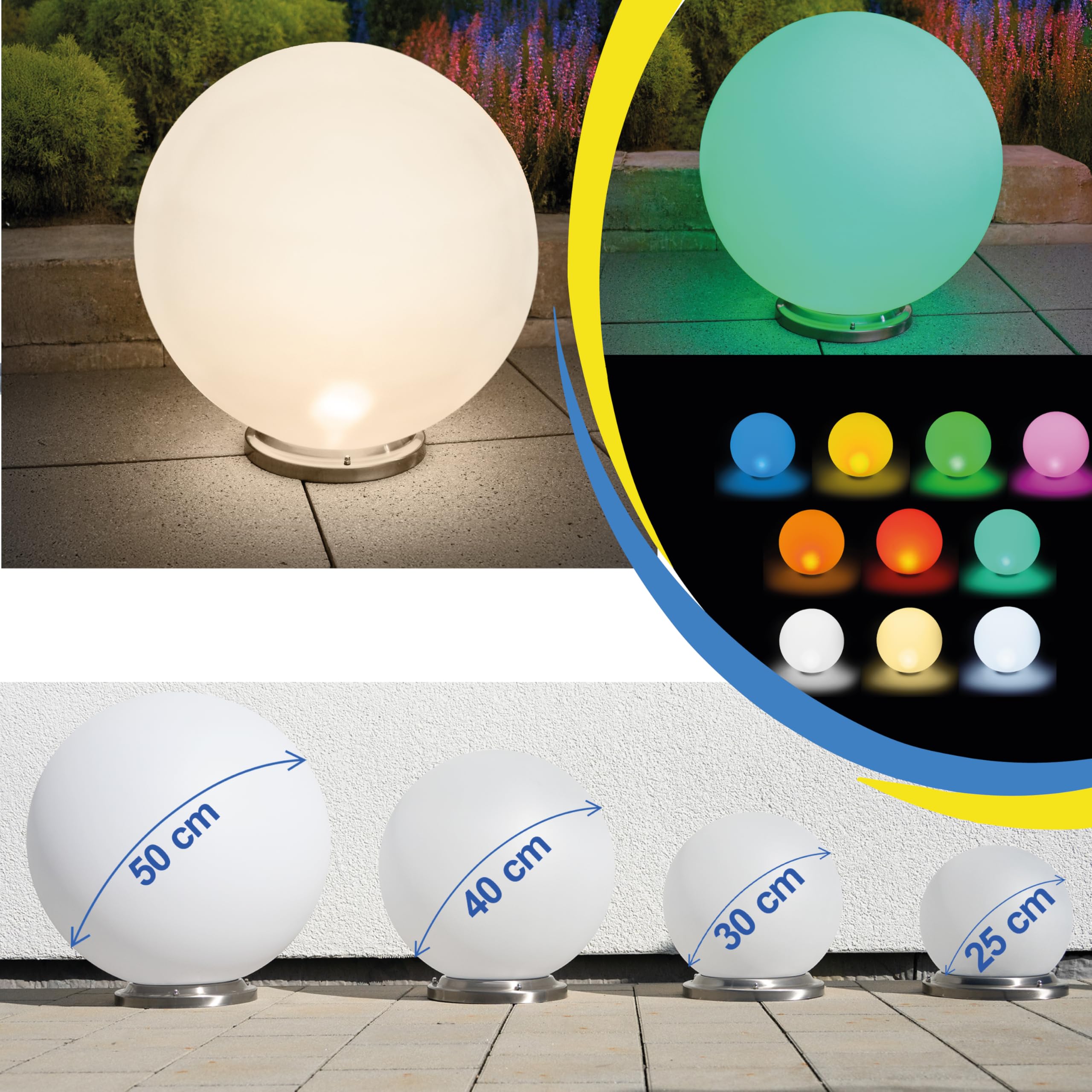 Esotec Solar Leuchtkugel Liana 50 CCT, multicolor, Fernbedienung, Edelstahl-Halterung, Li-Ion Akku, RGB LED Gartenkugel, Solarkugel, IP44, wetterfest, winterfest, außen, 50cm, 102661