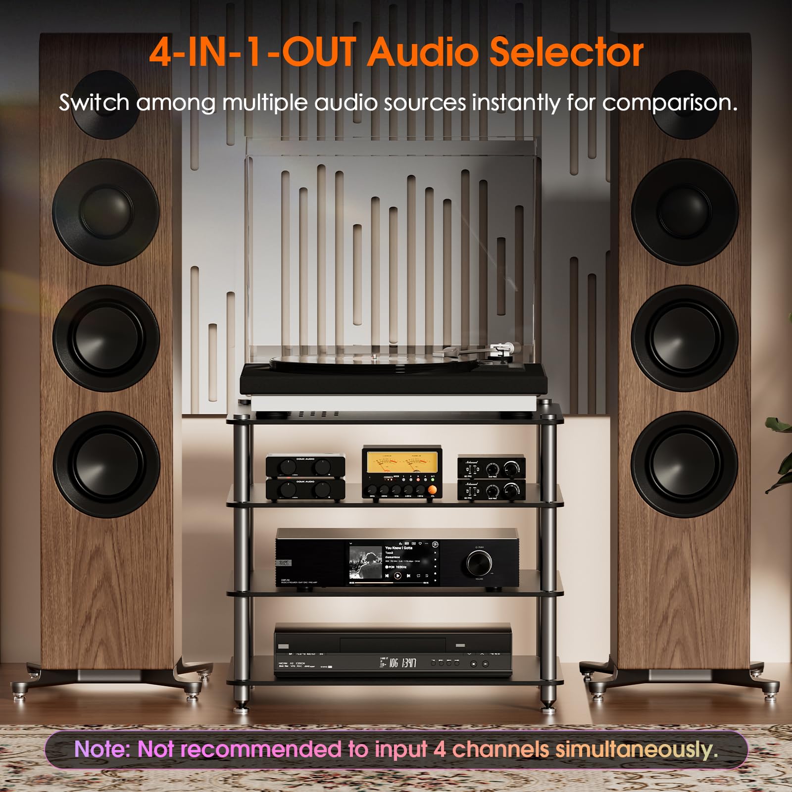 Nobsound Interruttore audio D5 a 4 vie: preamplificatore EQ stereo HiFi a 5 bande e splitter RCA con VU Meter e amplificatore per cuffie per home theater/studio/DJ