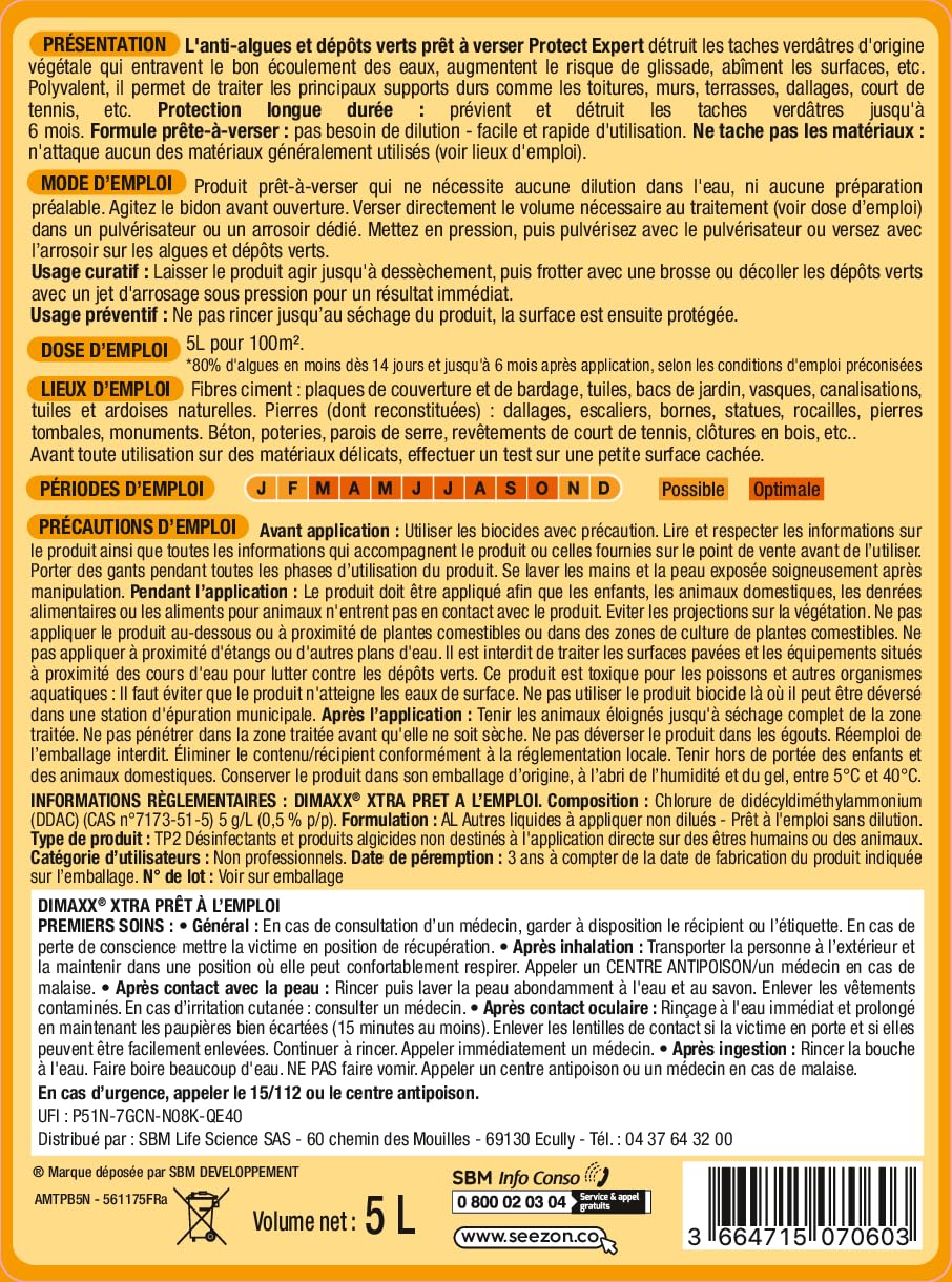 Protect Expert Traitement Terrasses Toitures & Murs - Contre Les Algues Lichens & Dépôts Verts - Prêt-À-Verser - 5L - Double Action - Préventif & Curatif AMTPB5N