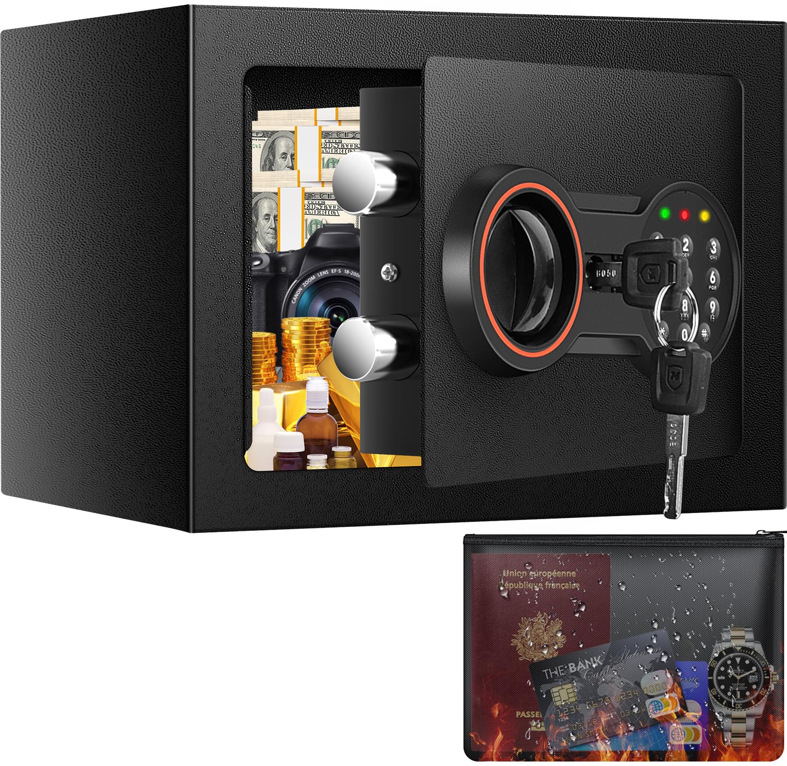 Mini Safe Tresor mit Zahlenschloss Schlüssel, MöBeltresor Klein mit Feuerfeste Tasche, Kleiner Tresor für Zuhause Sicherheitssafe,Tresore Kinder für Geld Medikamente Wertsachen Bargeld