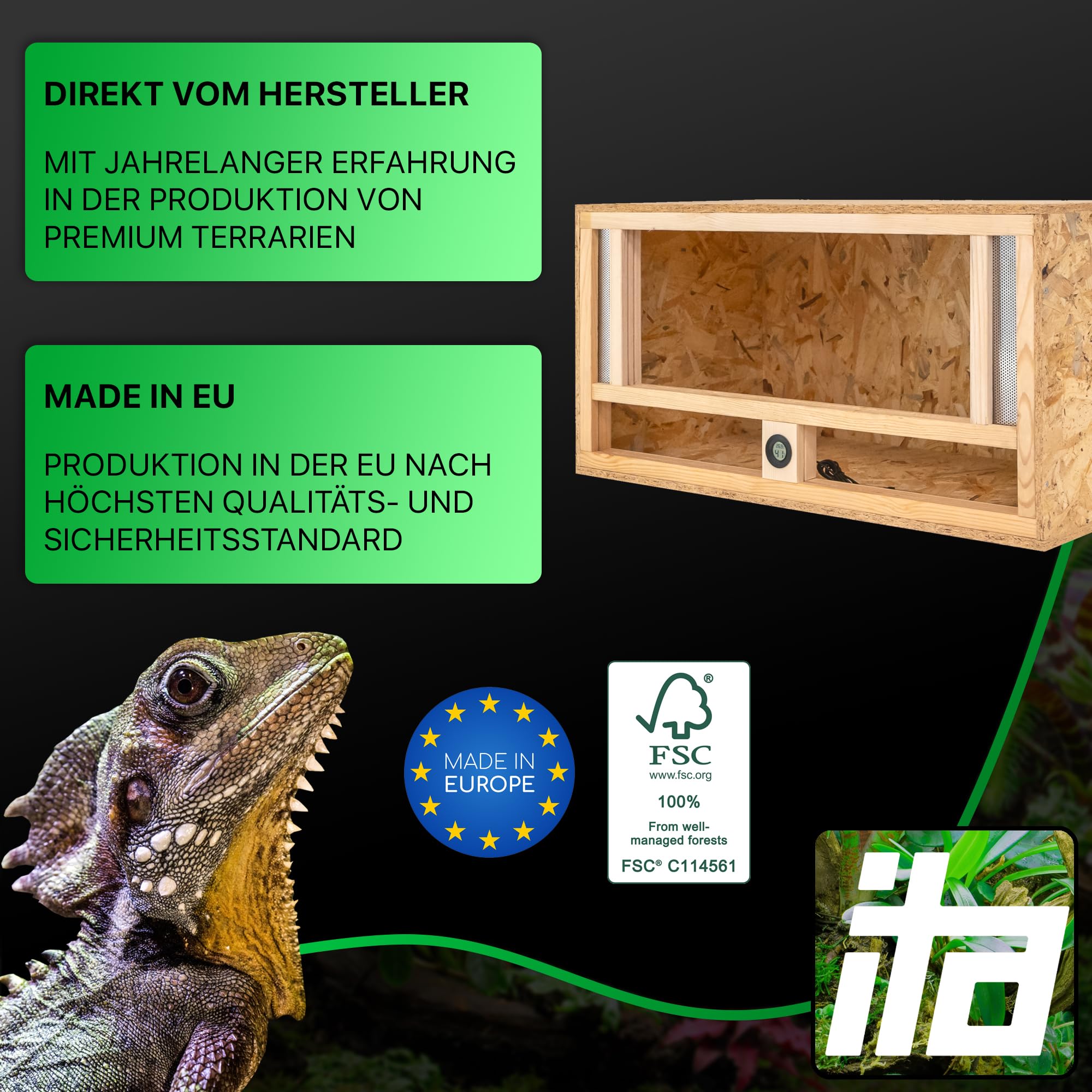 ITA Holz Terrarium 80x40x40 cm mit Frontbelüftung & Integriertem Hygrometer - Holzterrarium aus OSB-3 Platten - Terrarien für Reptilien, Schlangen, Amphibien - EU Produkt, FSC Zertifiziert