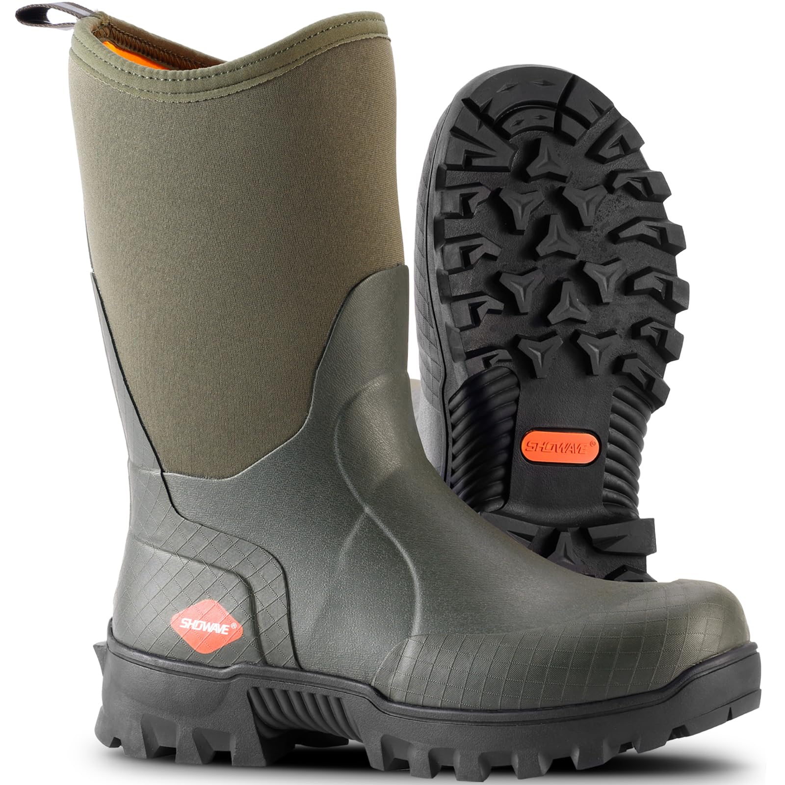 Showave Men's Mid Calf Rubber Work Boots Waterproof Rain Boot Insulated Mud Boots with Comfortable Sports Soles