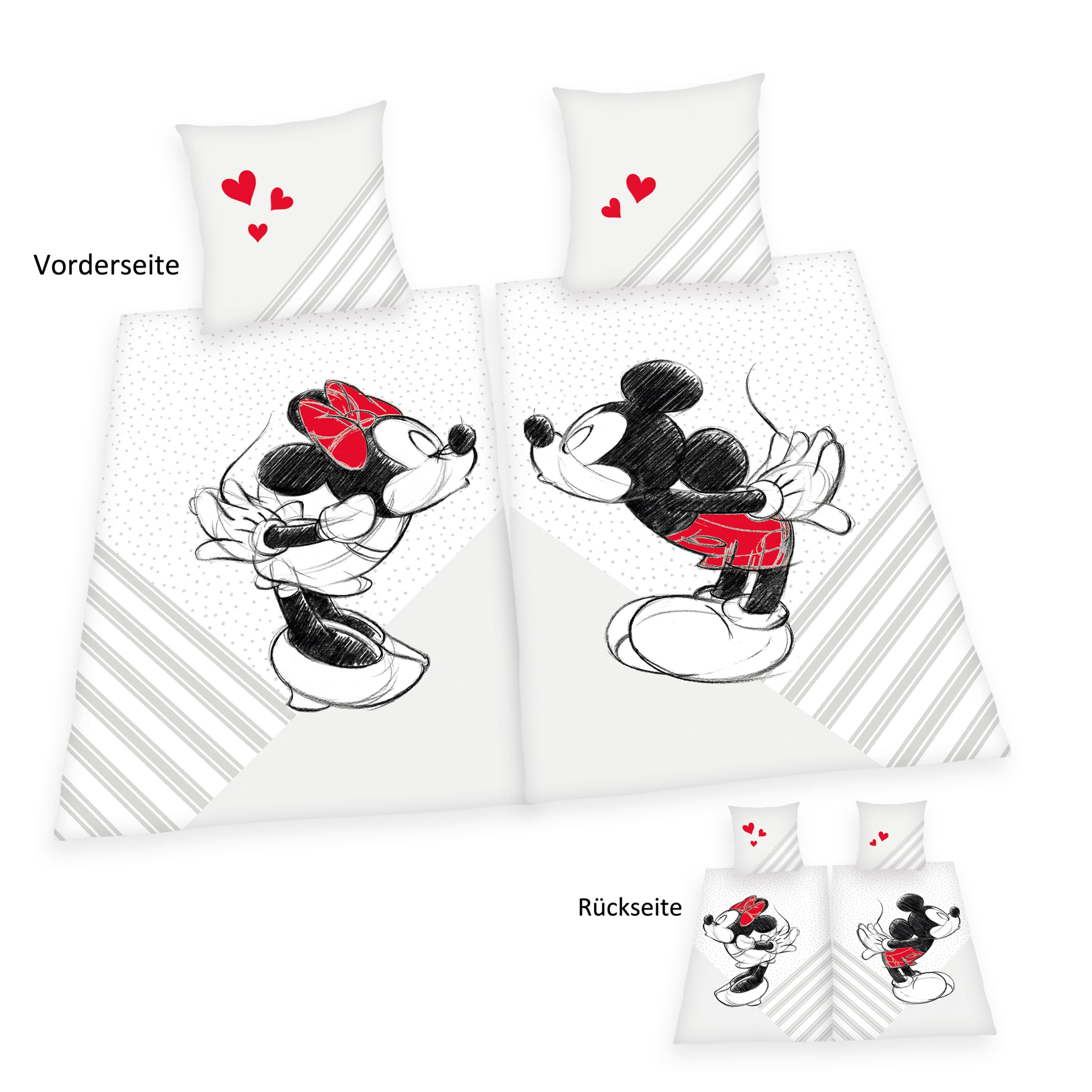 Herding Mickey & Minnie Mouse Pościel dla partnerów, Disney, 2 x poszewka na poduszkę ok. 70 x 90 cm, 2 x poszwa na kołdrę 140 x 200 cm, z lekko poruszającym się zamkiem błyskawicznym, 100%