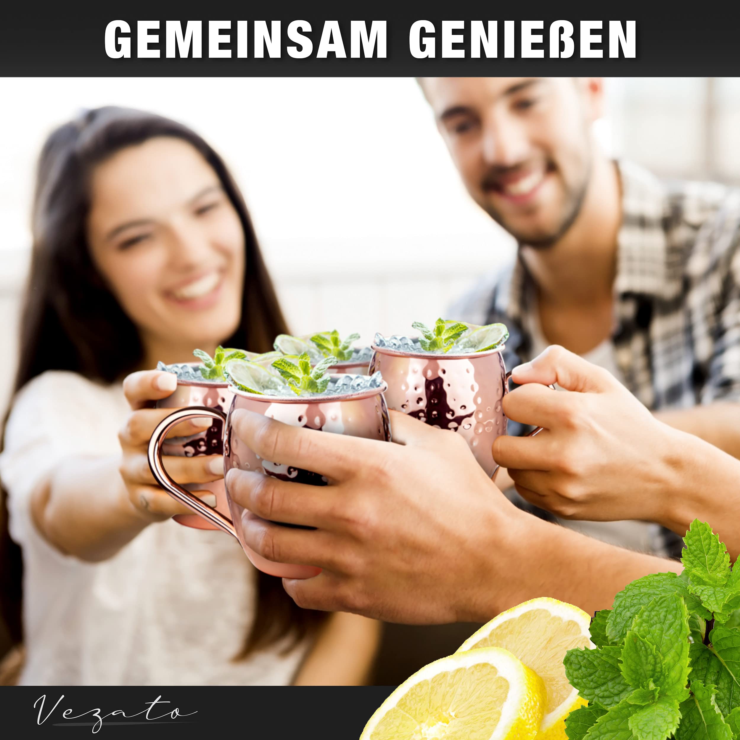Vezato [4 Stück Moscow-Mule-Becher [500ml] mit Strohhalmen aus Edelstahl mit Kupfebeschichtung - Handgefertigtes Set perfkt für Moscow Mules