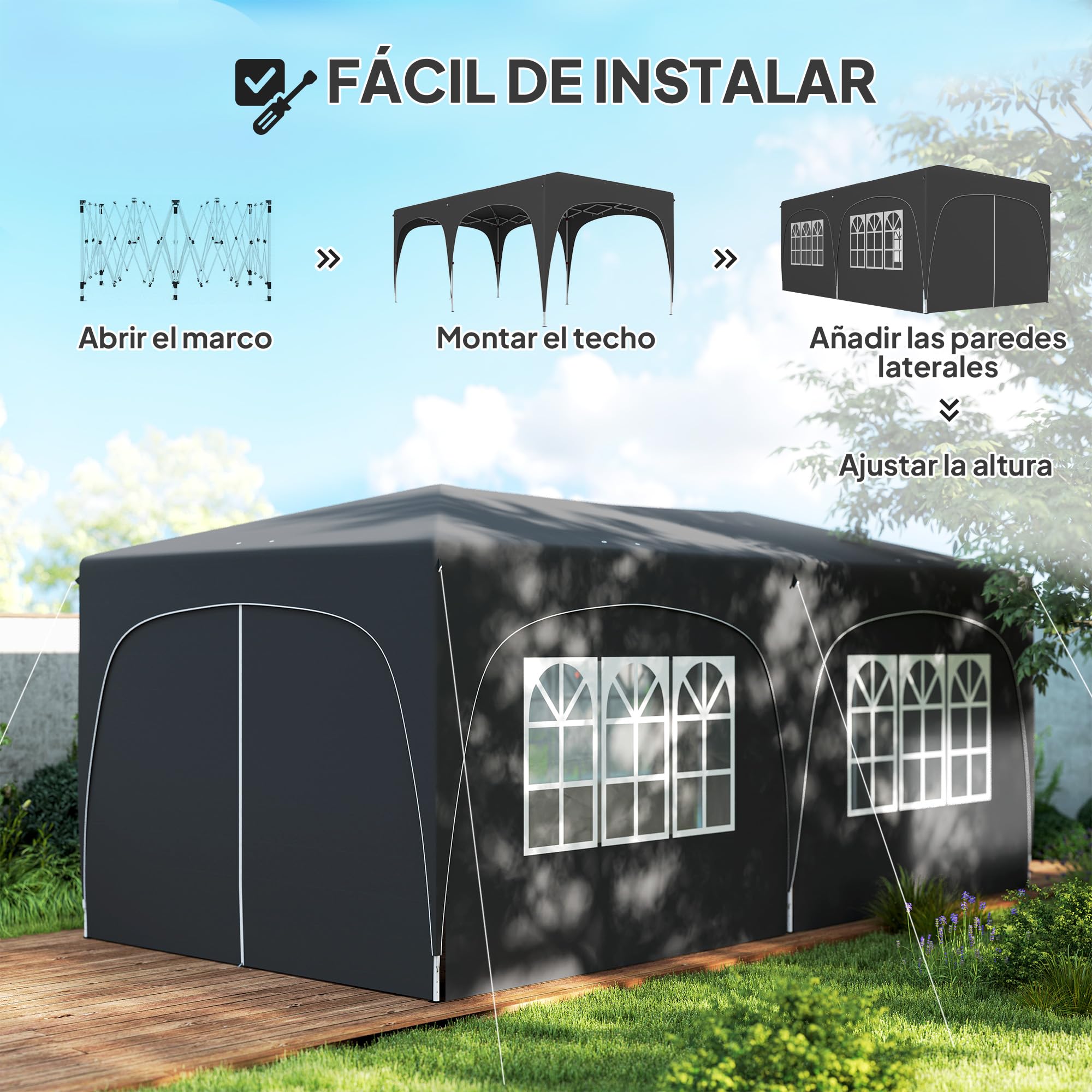 Outsunny Carpa Plegable 3x6 m, Cenador Pabellón de Jardín con Altura Ajustable de 3 Niveles, 4 Paredes Laterales, Ventanas y Bolsa Transporte, UPF50+, Impermeable para Fiestas, Exterior, Gris Oscuro