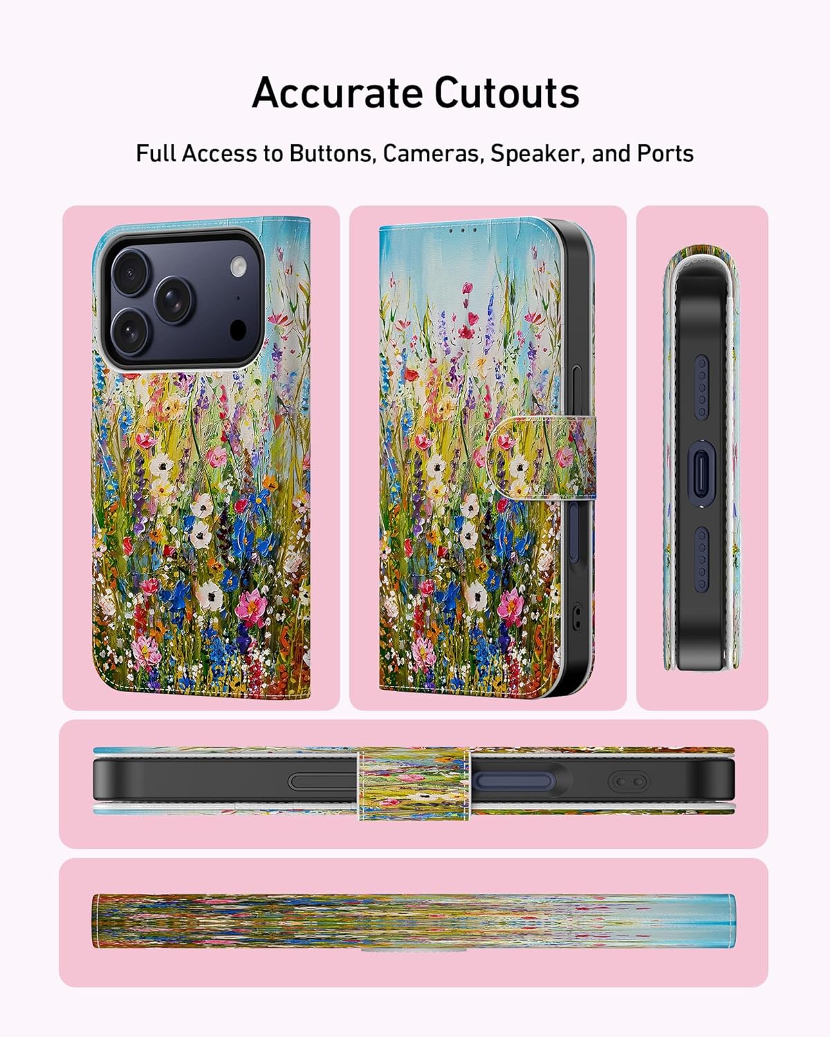 DEENAKIN for iPhone 17 Pro Wallet Case with Card Holder + Cash Clip, RFID-Blocking, Military-Grade Drop Protection & UV-Printed Artwork, Magnetic Closure with Leather Stand - Wildflowers Painting - Image 4