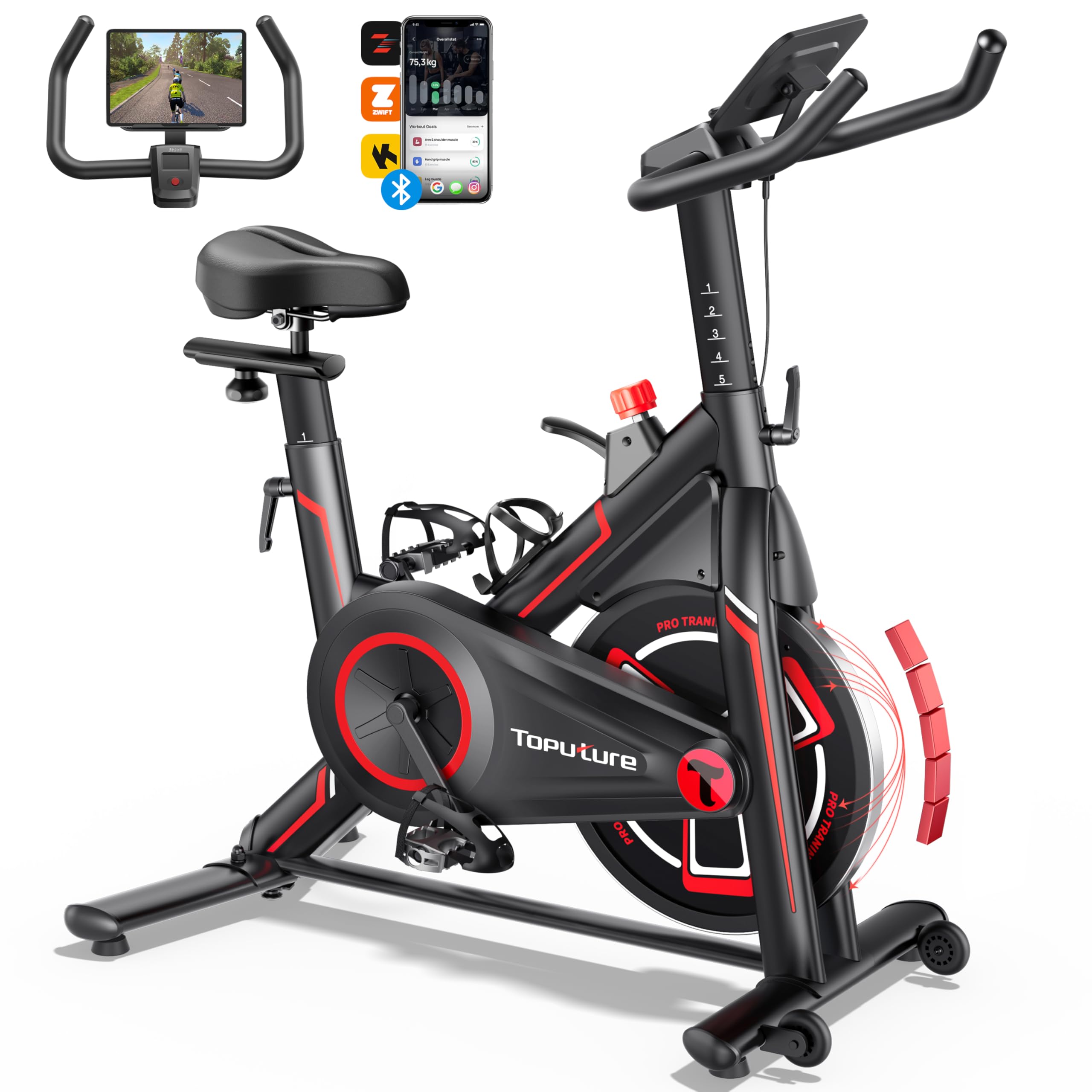 Toputure Home Exercise Bike with App, Home Exercise Bike with Magnetic Resistance 0-100% Adjustable, 15 kg Flywheel, LCD Screen and Cup Holder, Ultra Quiet, Load Capacity up to 160 kg