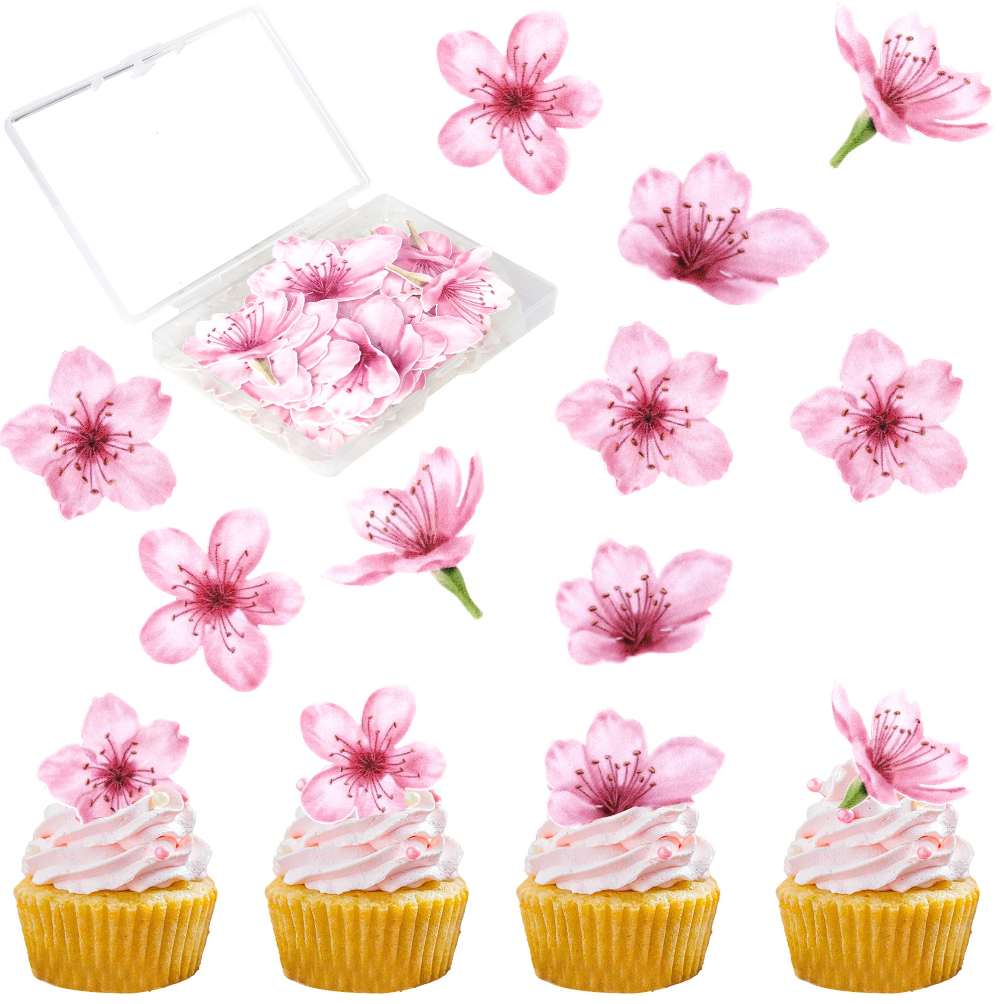 40 Pack Edible Cherry Blossom Cupcake Toppers Cherry Flowers Cake Toppers Rice Paper Wafer Paper Cupcake Picks for Cherry Blossom Baby Shower Kids Birthday Cupcake Decorations