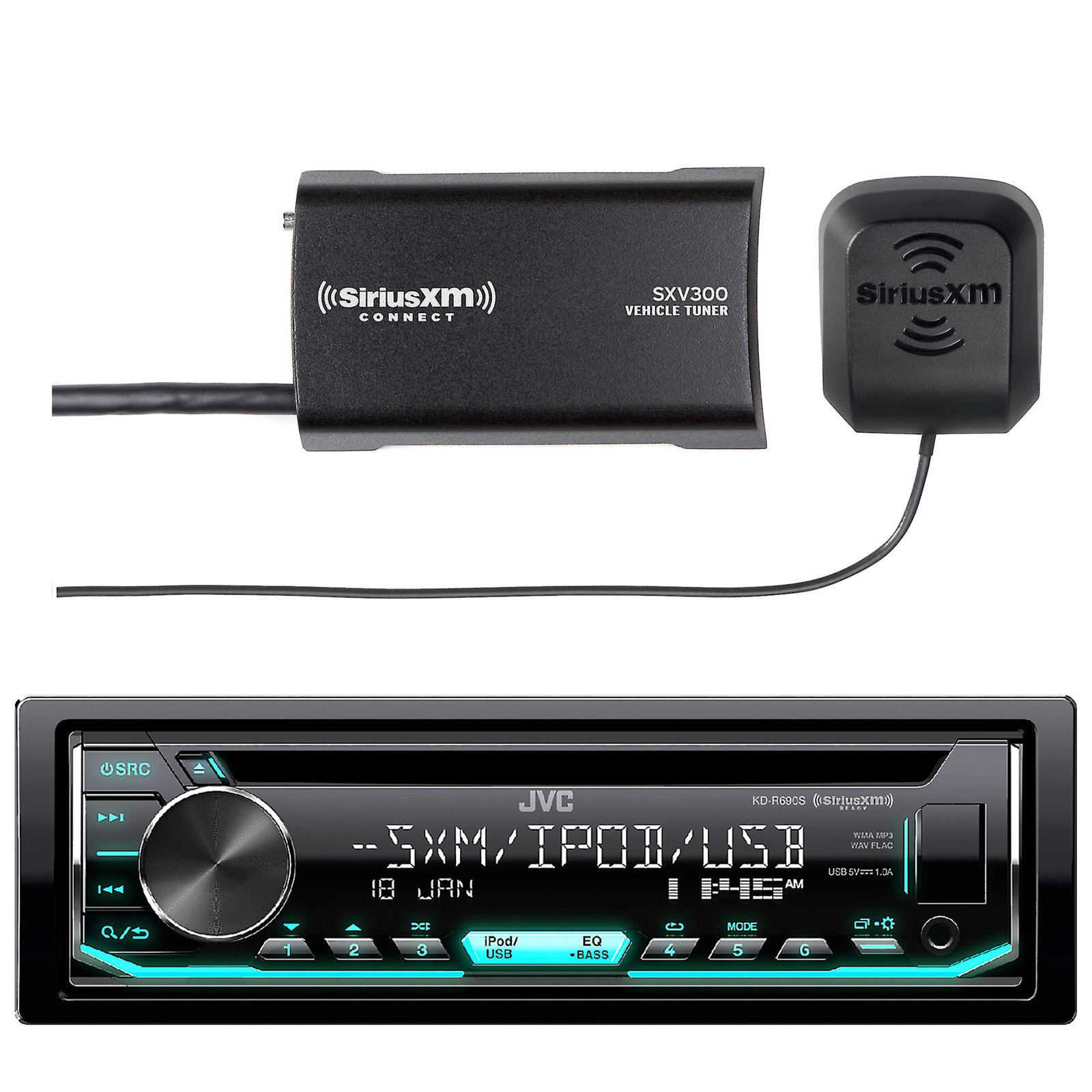 Enrock MarineJVC Car CD Player Receiver USB AUX Radio - Bundle Combo with SiriusXM SXV300v1 Satellite Radio Connect Vehicle Tuner Kit