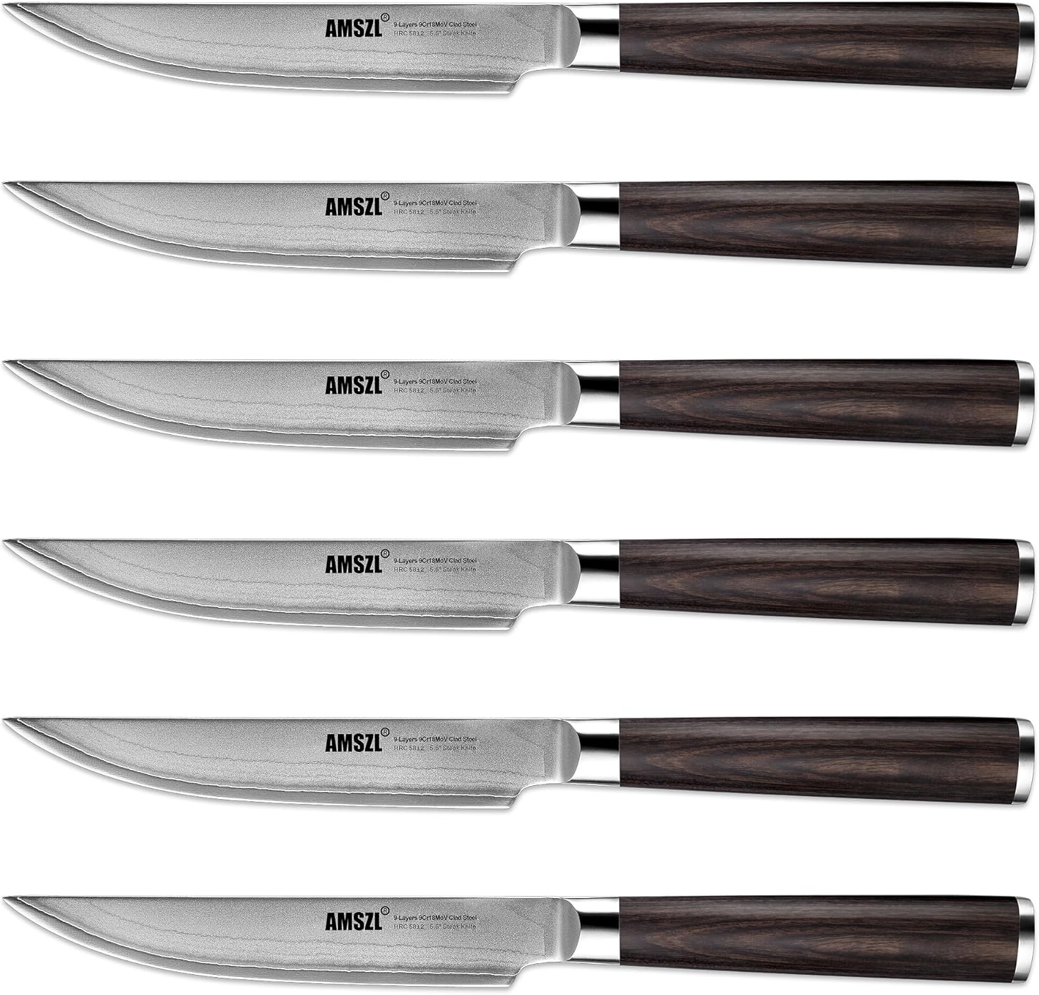 Steak Knives Set of 6, Forged 9Cr18MoV High-Carbon Stainless Steel, Full Tang Pakkawood Handle, Razor Edge Professional Meat & Carving Knives for BBQ, Kitchen, Dining, Includes Presentation Box