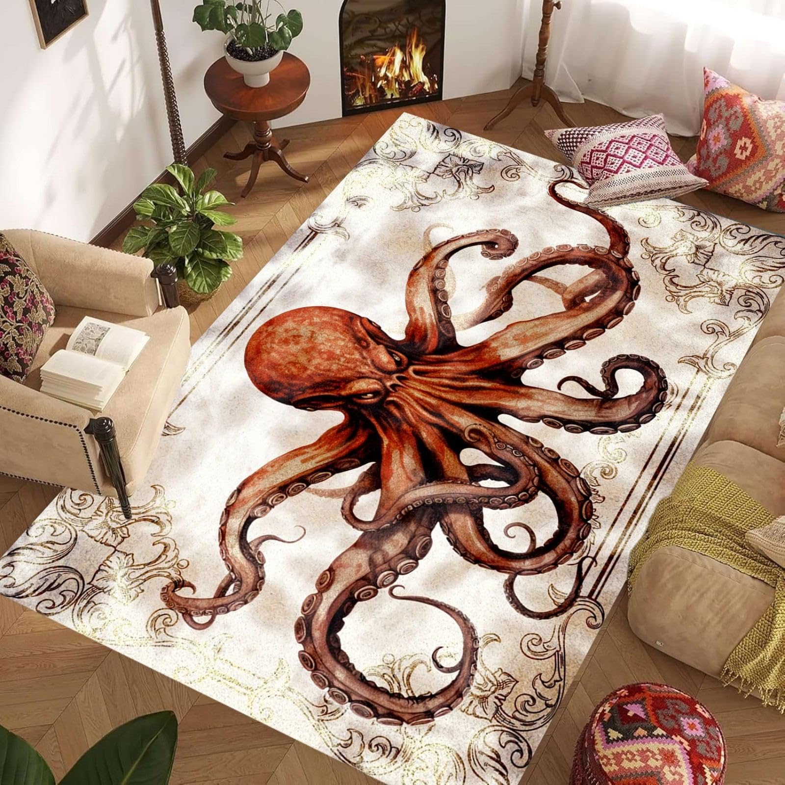 ZLXMN Brown Octopus Rug,60x90cm,Vintage Marine Life Summer Carpet,Washable Low Pile Non Shedding Bedroom Rugs for Bedside Classroom Octopus Room Decor - Funny Play Mat