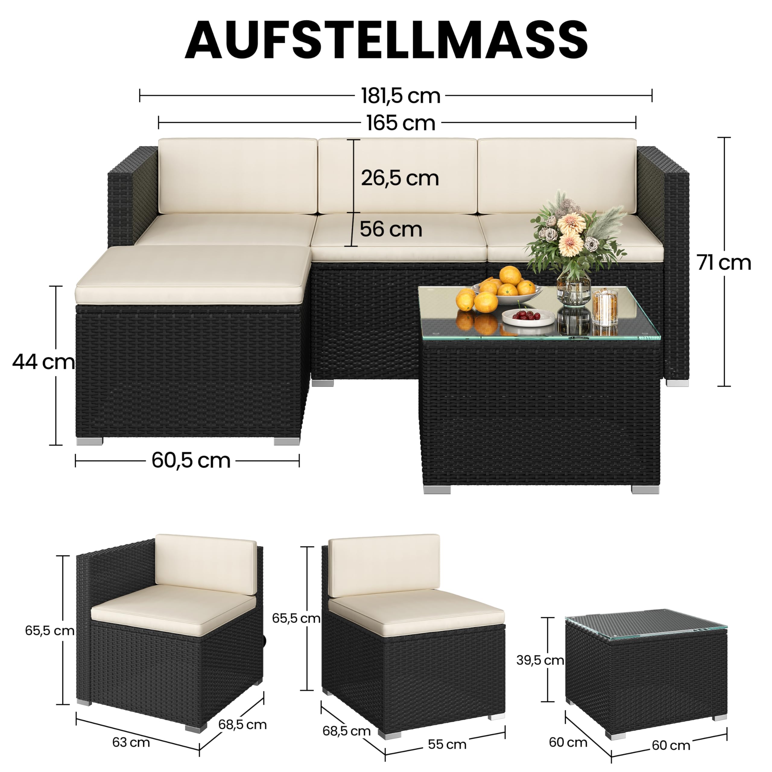 Yaheetech 5er Gartenmöbel Set Balkonmöbel Set aus PE-Rattan Wetterfest | Terassenmöbel Außen mit 2 Ecksofa & Sofa & Stuhl & Beistelltisch & Sitzkissen für Garten/Balkon/Terrasse, Schwarz & Beige