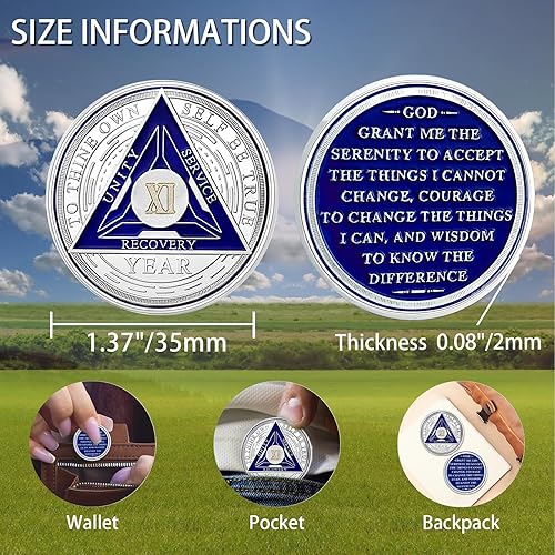 Miniatura 5 de Moneda de sobriedad de 11 años  Chip de sobriedad triplato Chips AA Regalos de sobriedad para hombres y mujeres, alcohólicos anónimos, regalos de