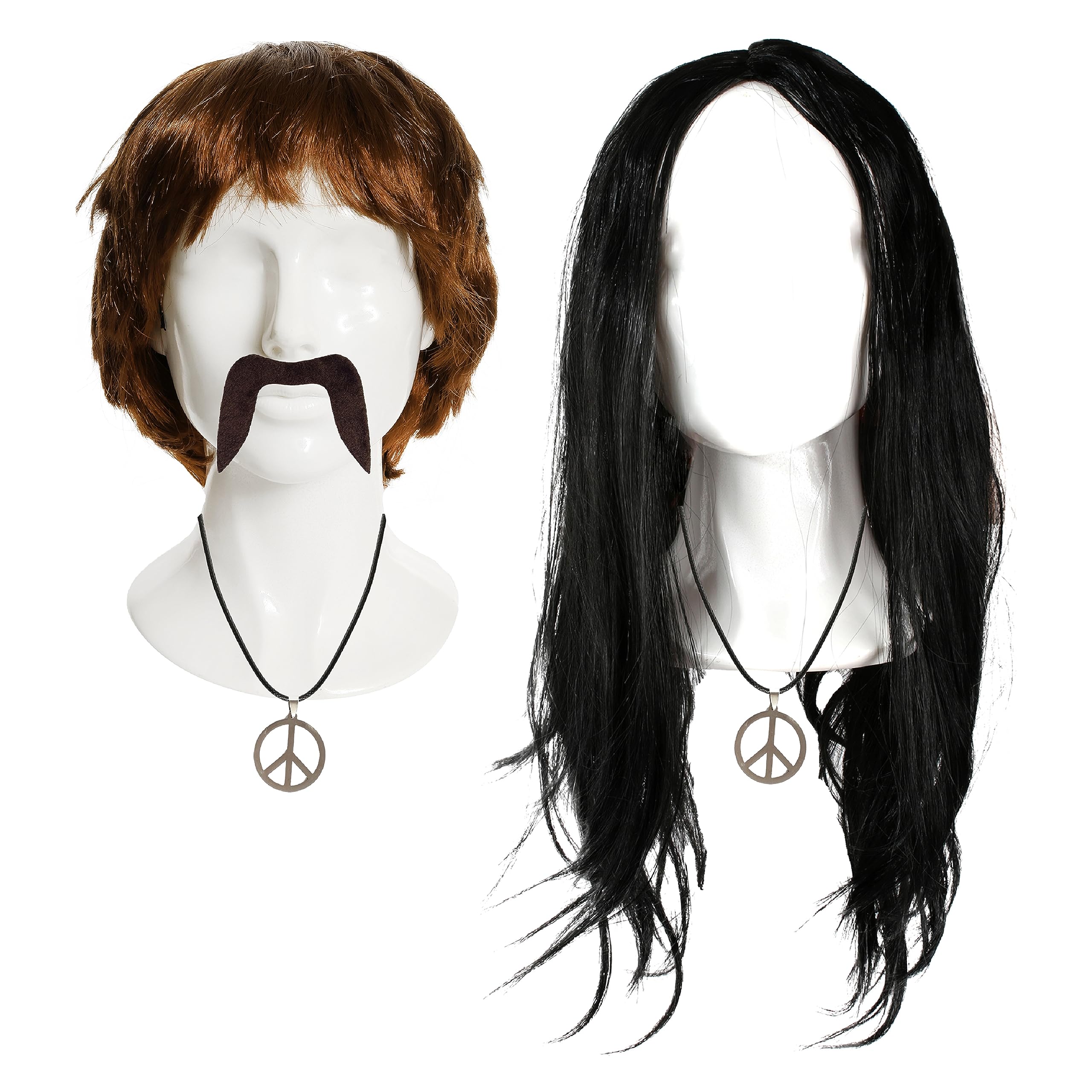 Adults Sonny & Cher Accessory Set - Short Brown Wig, Long Black Wig, Adhesive Moustache and 2x Hippie Necklaces - Perfect for Couples Fancy Dress,60's/70's Singing Couple Music Fancy Dress