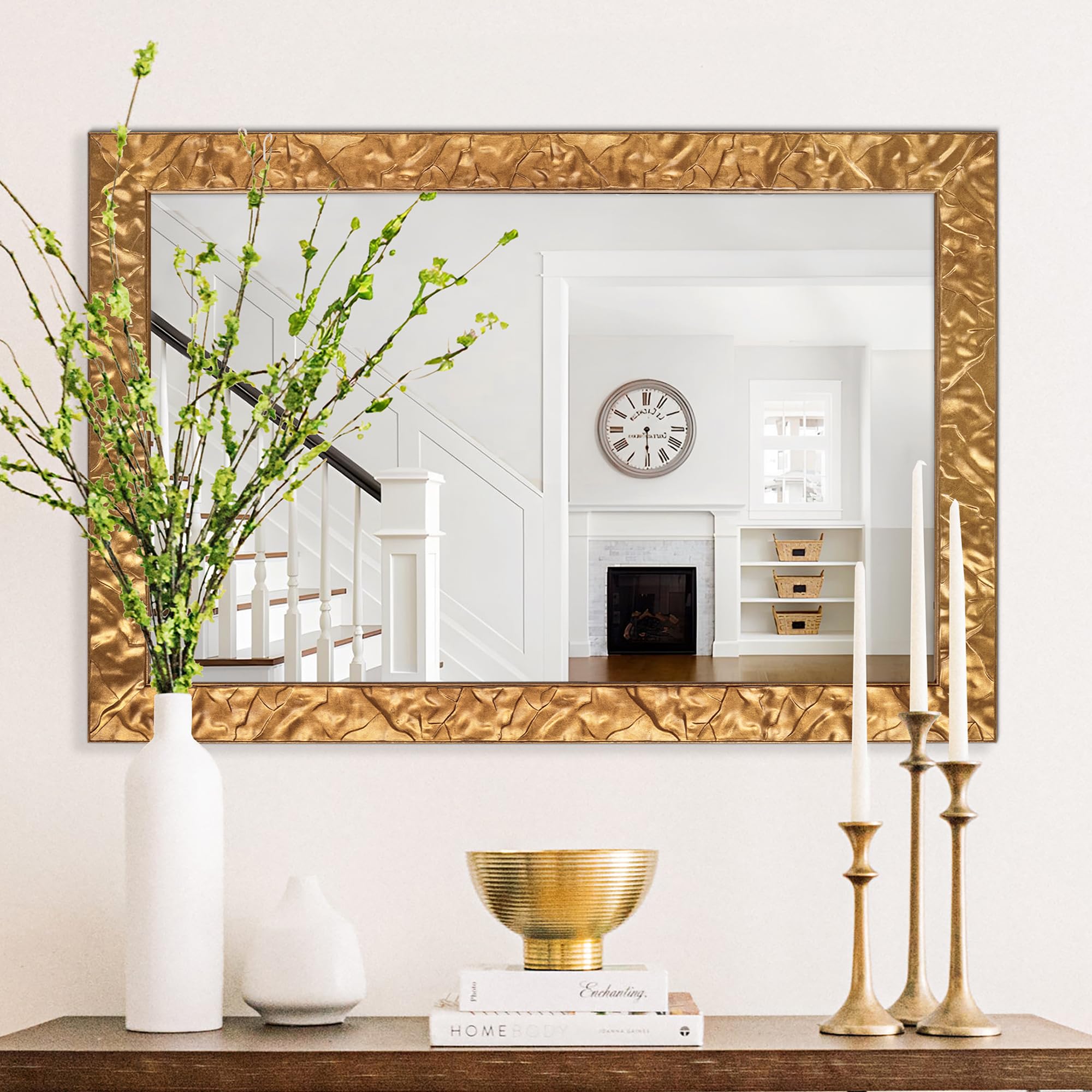 Photo 1 of Chende Large Mirror for Wall Decor, 49" x 33" Gold Bathroom Mirror with Carved Wood Frame, Rectangular, Vertical/Horizontal Hanging