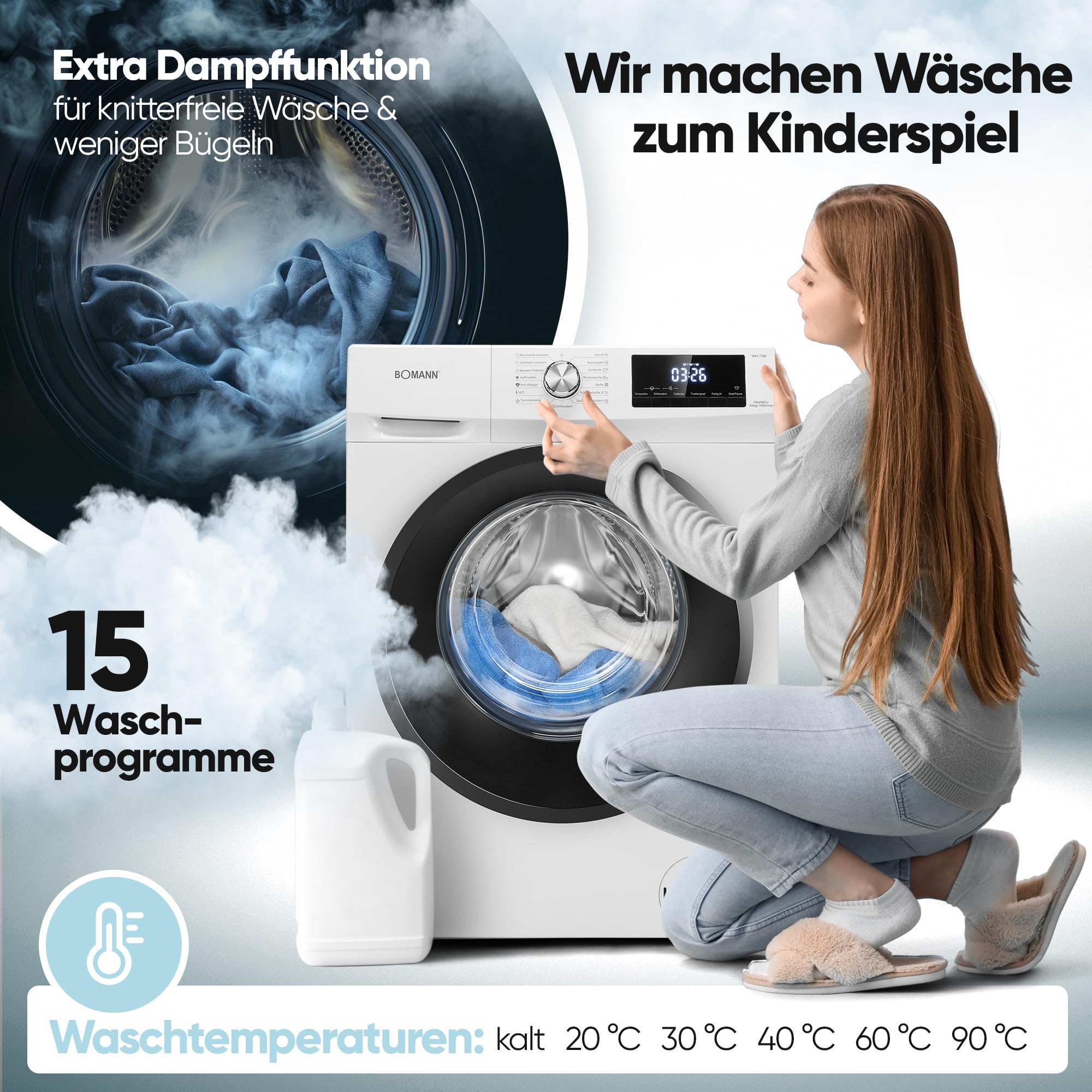 Bomann WAT 7186 Waschtrockner 8 kg Waschen 5 kg Trocknen 1400 U/Min Invertermotor weiß