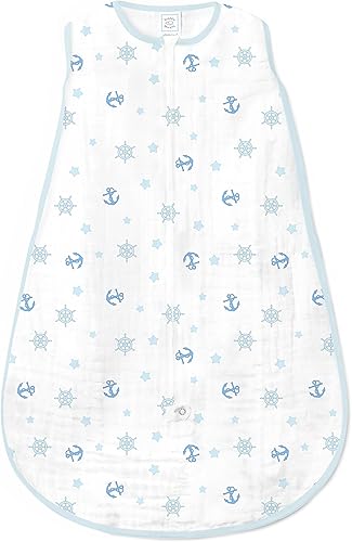 SwaddleDesigns Saco de dormir de muselina de algodón con cremallera de 2 vías, azul pastel náutico Ahoy!, mediano 6-12 meses