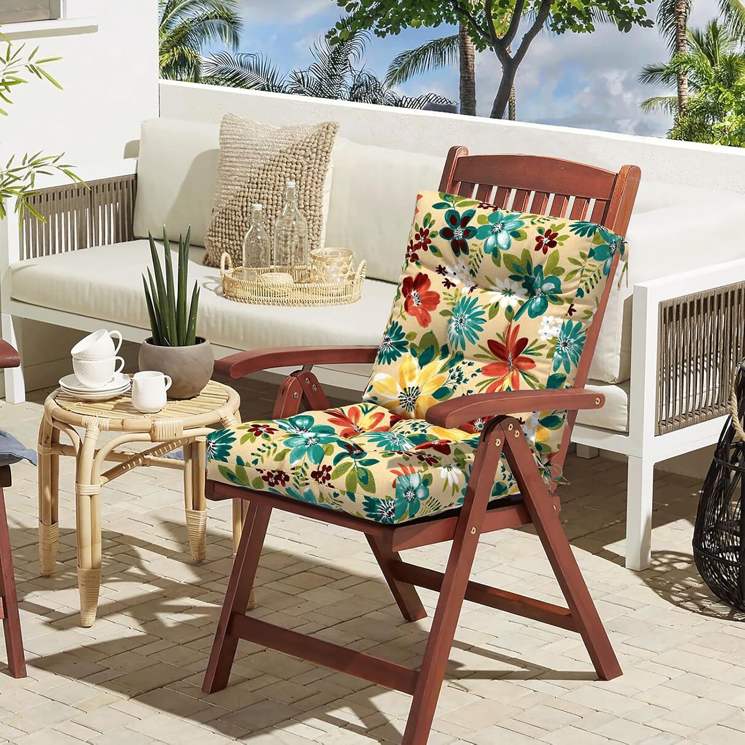 LVTXIII Outdoor Solid Low Back Cushion, Patio Tufted Replacement Rocking Chair Cushion with Ties, 2 Count Seat and Back Chair Cushions for Patio Furniture Use, 42 L x 21 W, Flower Multi