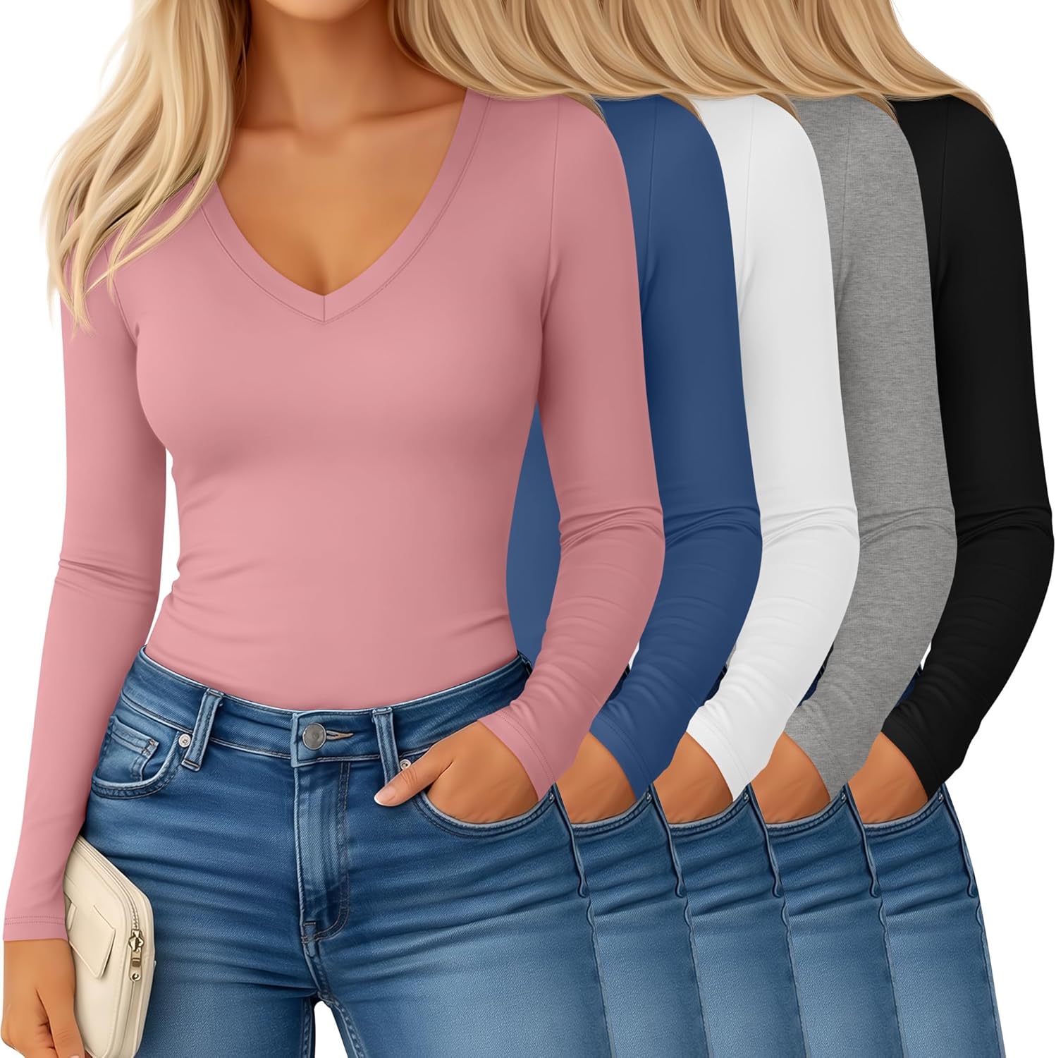 5 Pack Women's Long Sleeve V Neck Undershirts Slim Fit Basic Tee Shirts Ladies Stretchy Tight Layering Underscrubs