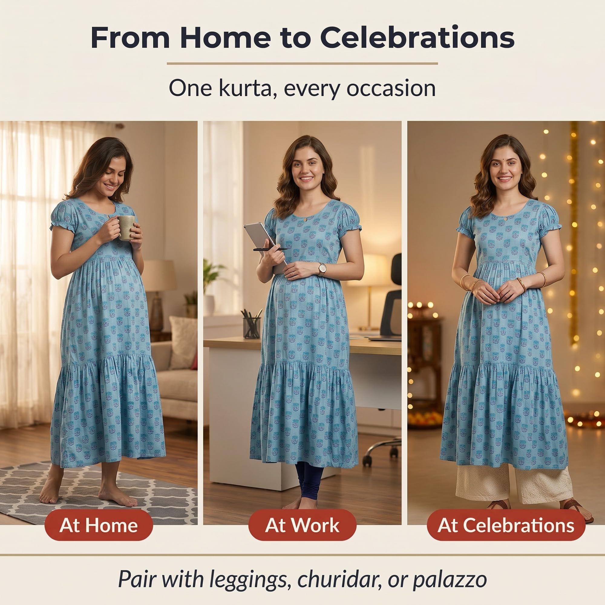 CEE 18 Women's Maternity & Nursing Feeding Kurta | Side Feeding Zip | Soft Cotton Rayon | Pregnancy & Breastfeeding | M | Flawy Ferozi 4