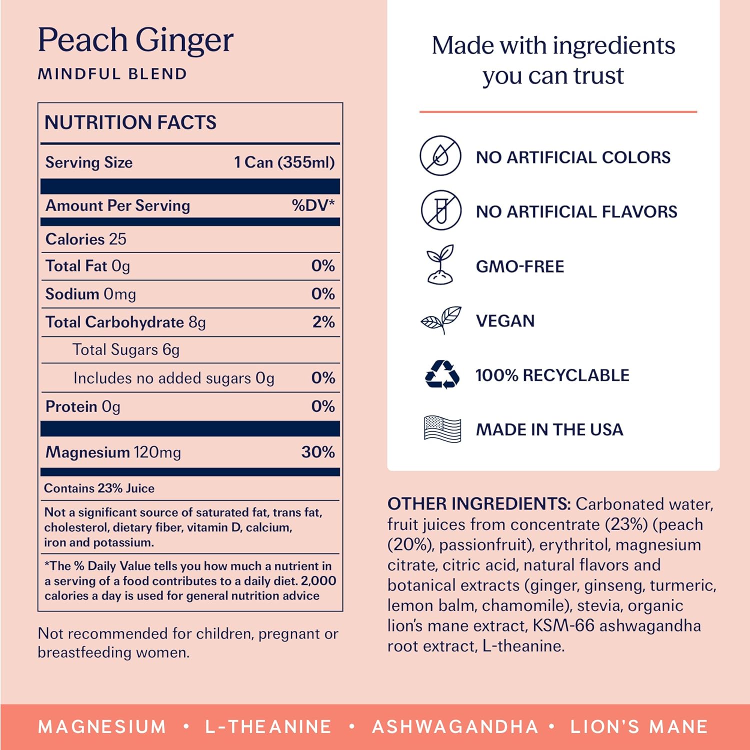 TRIP Lightly Sparkling Adaptogen Drink, Non Alcoholic Drink with Magnesium, Ashwagandha, Lions Mane & L Theanine, No Added Sugar Mocktail, Vegan, Peach Ginger, 12 Oz, 12Pk