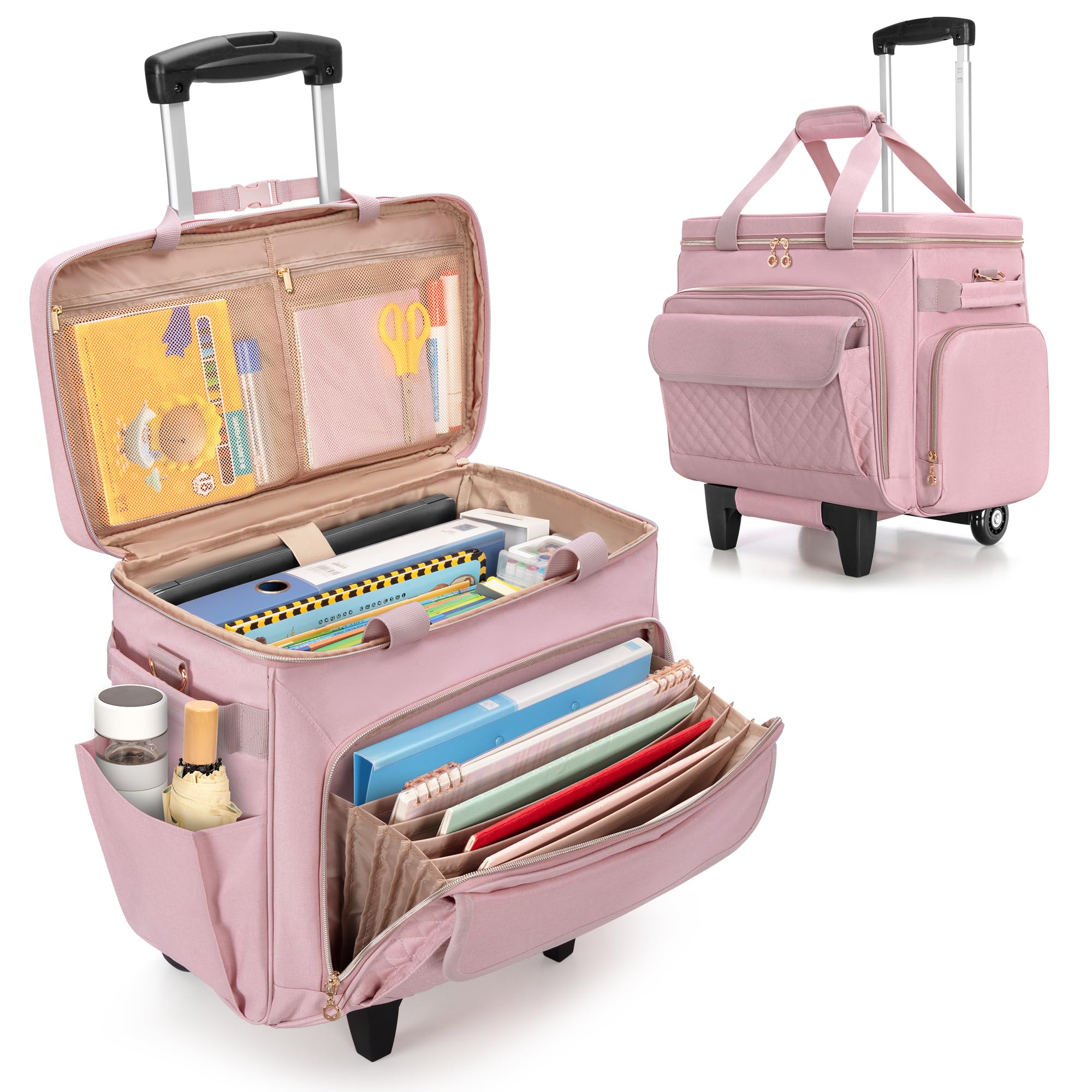 LUXJA Rolling Teacher Bag with Laptop Compartment and Detachable Dolly, Multifunctional Rolling Briefcase with Accordion File Area (Patented), Pink