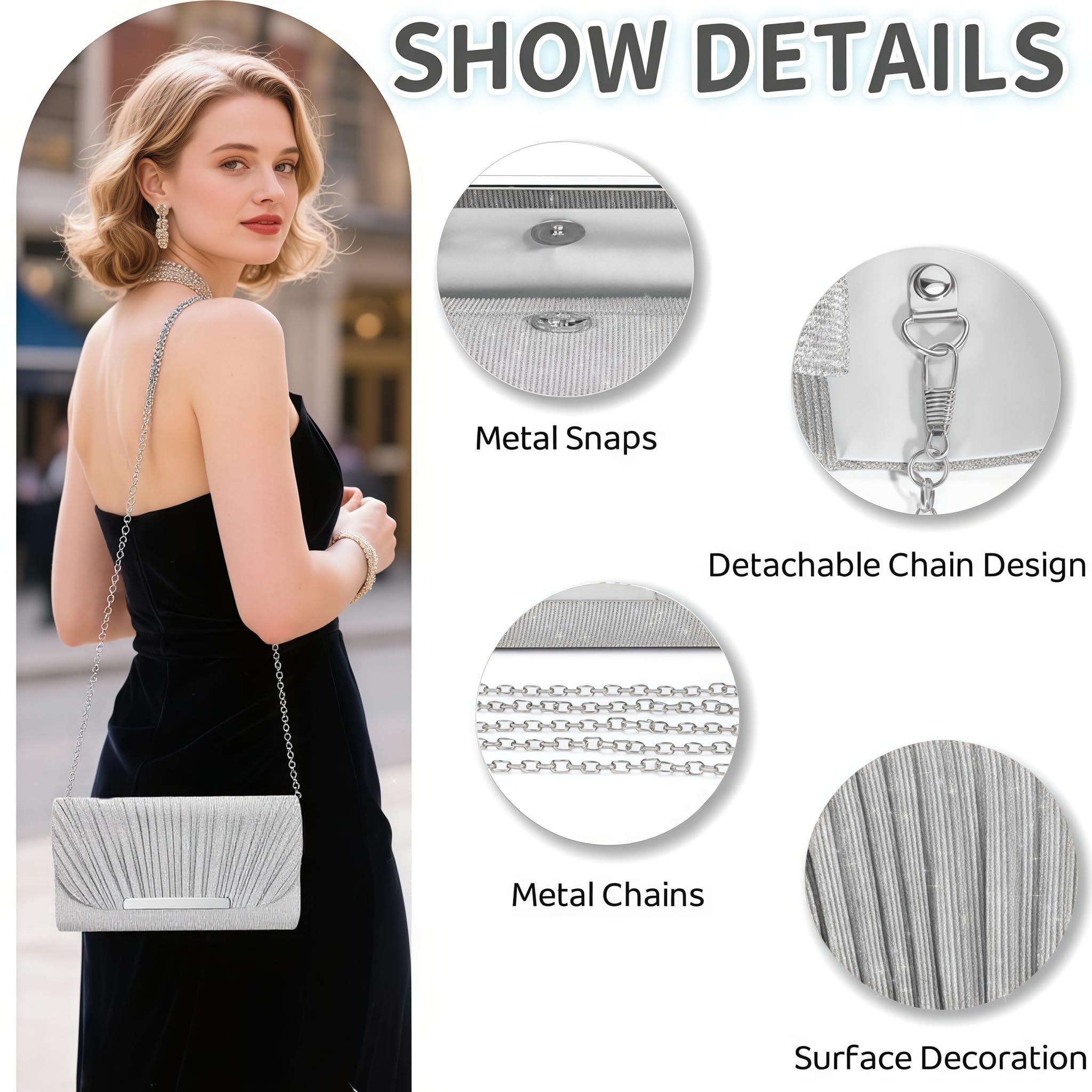 Aryan Damen Clutches, Clutch, elegante Abendhandtaschen für Frauen mit abnehmbarer Kette, Pailletten-Tasche für Hochzeit, Braut, Abschlussball, Party