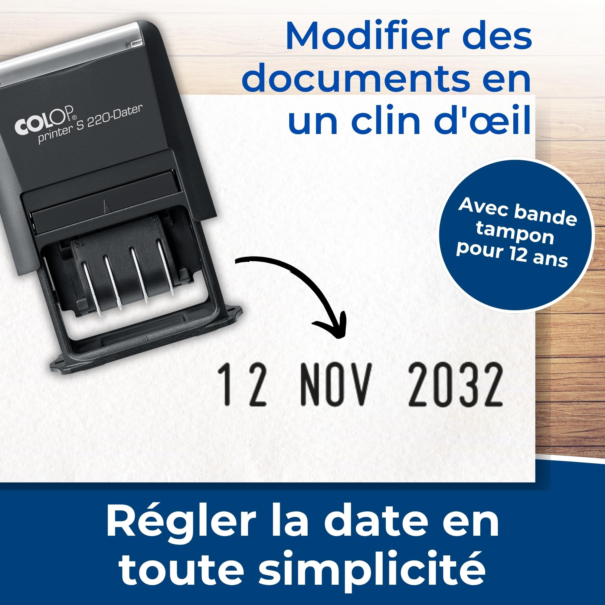 Tampon dateur COLOP Printer S 220 | Date FR | Noir | 12 ans | Mini tampon avec date en français (12 ans) et encre noire. Idéal pour le bureau, le secrétariat et la comptabilité.