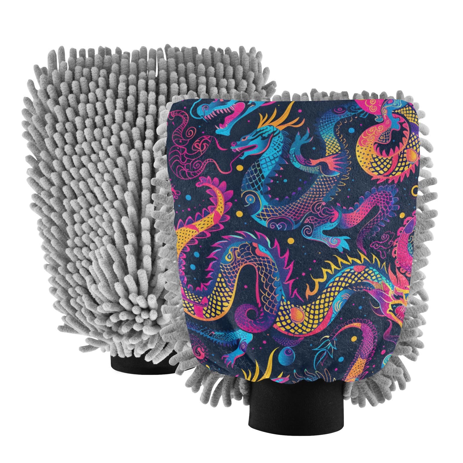 IOACIY Absorbent Microfiber Car Wash Drying Mitts, 2 Pack, Scratch-Free & Lint-Free, Rich Foam, Highly Absorbent, Double Sided, Wash Mitt Perfect for Car Washing, M, Chinese Dragon (2)