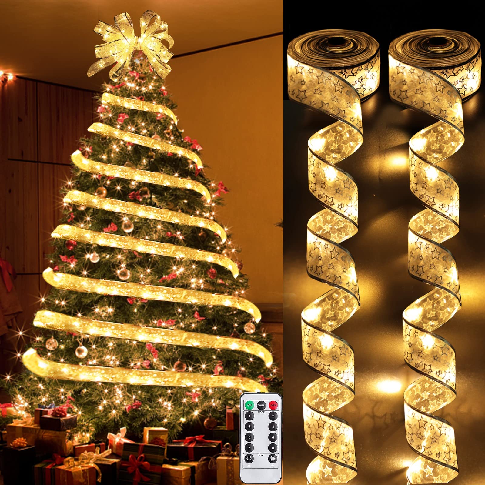 TURNMEON [ Timer & Remote Control ] 2 Pack Ribbons Light Extra Long Total 66 Ft 200 LED 8 Modes Battery Powered Fairy Lights Christmas Decor 33 Ft 100 LED Each