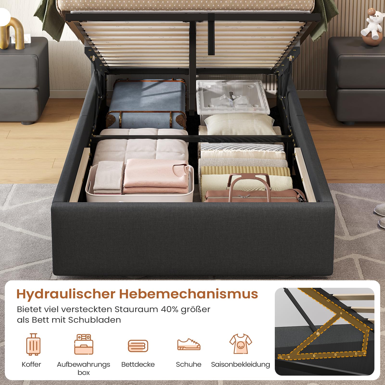 DICTAC - Cama matrimonial acolchada 90x200 con iluminación LED y barra de enchufes, cama individual para jóvenes 90x200 con somier de láminas, estructura de cama para adultos con espacio de