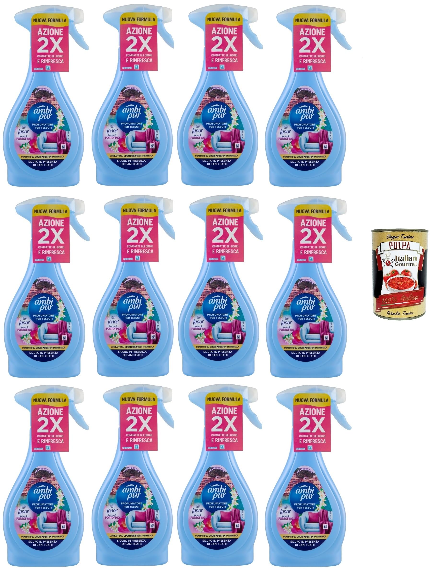 Ambi Pur - Ambientador textil "Portofino" – Spray neutralizante de olores para textiles [12 x 385 ml] – 2 x Efecto: combate los olores persistentes y refresca + Polpa italiana Gourmet 400 g