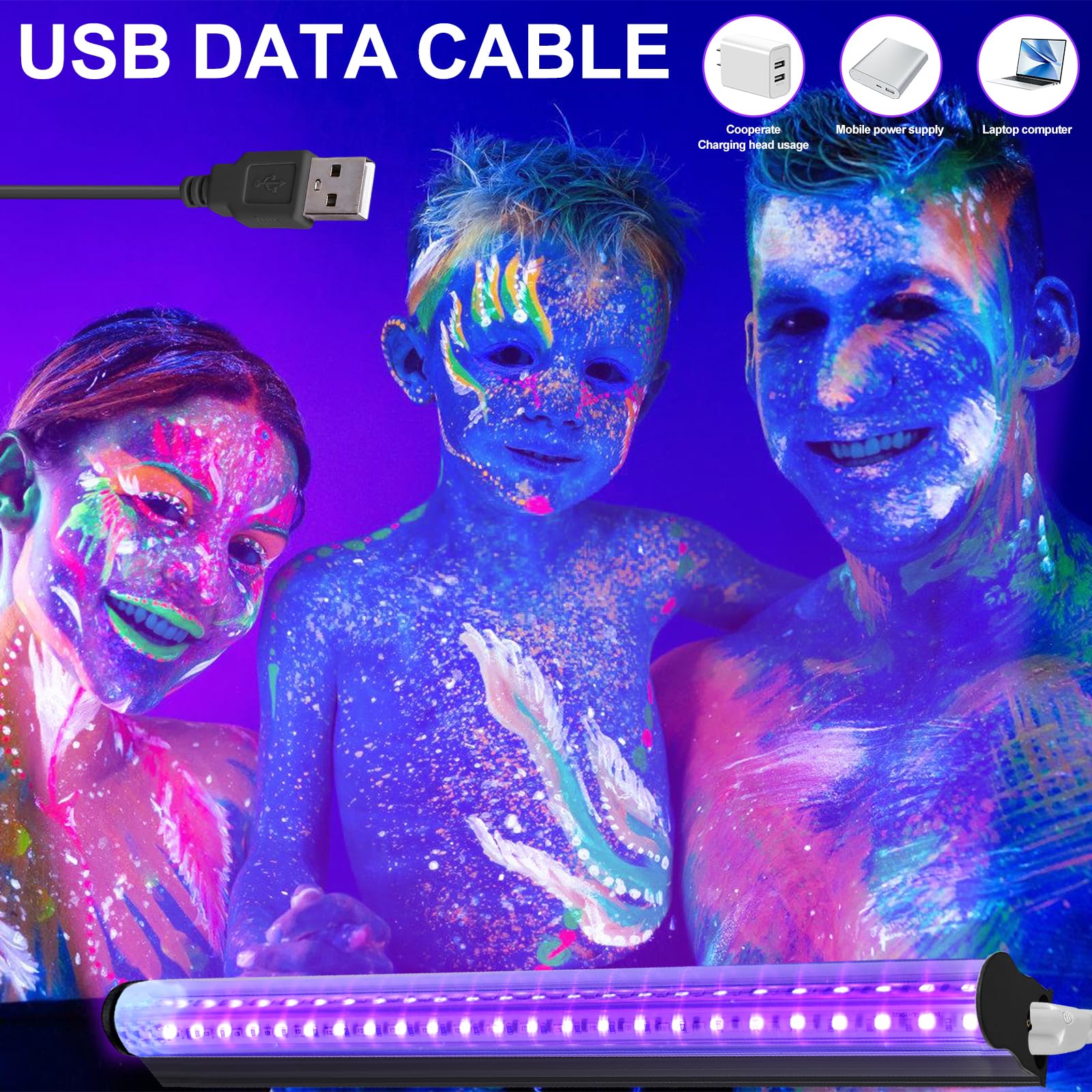 Lot De 2 Tubes Lumière Noire UV 10W Rechargeables - Pour Soirées, Décoration Halloween, Body Painting