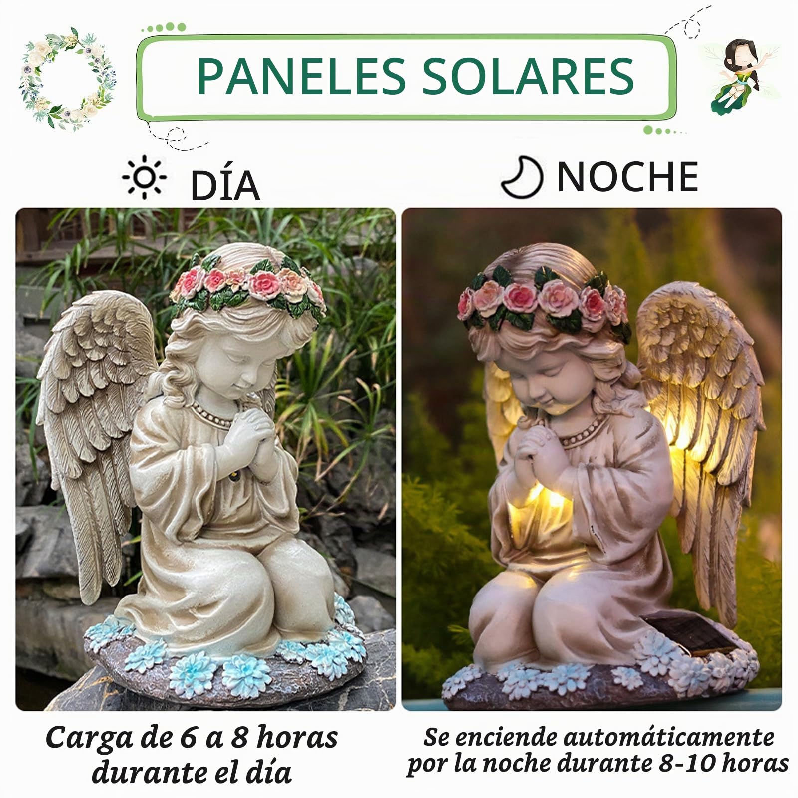 Estatuilla de Hada Ángel Con Luz Solar, Decoración de Jardín, Figura LED Orando, Estatua Solar Para Exterior