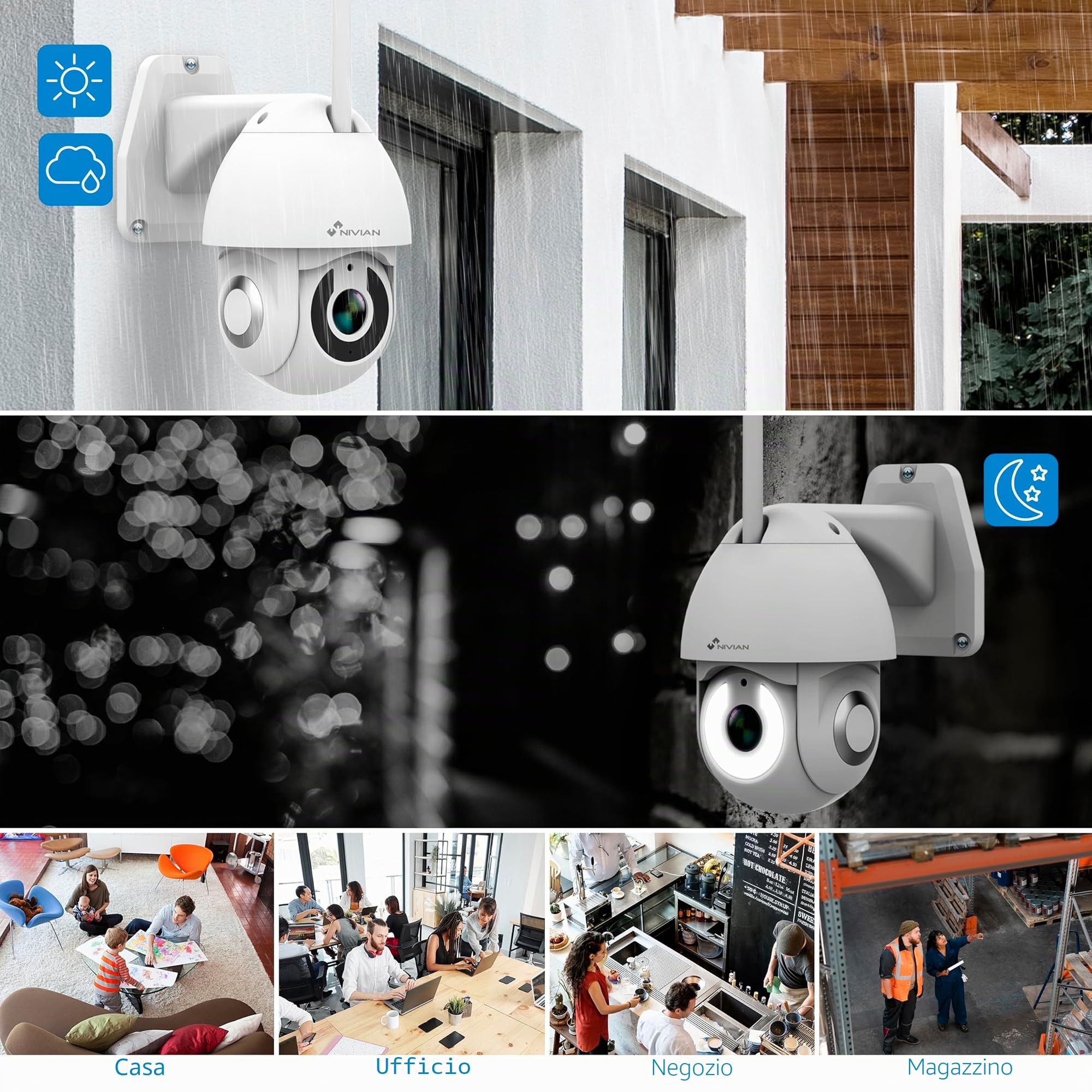 NIVIAN Telecamera PTZ Wifi 2,4Ghz-Half4K-Movimento da remoto 360º con Autotracking e rilevamento di persone-Visione notturna -Telecamera esterno -Compatibile con Alexa, Google Home e APP Tuya