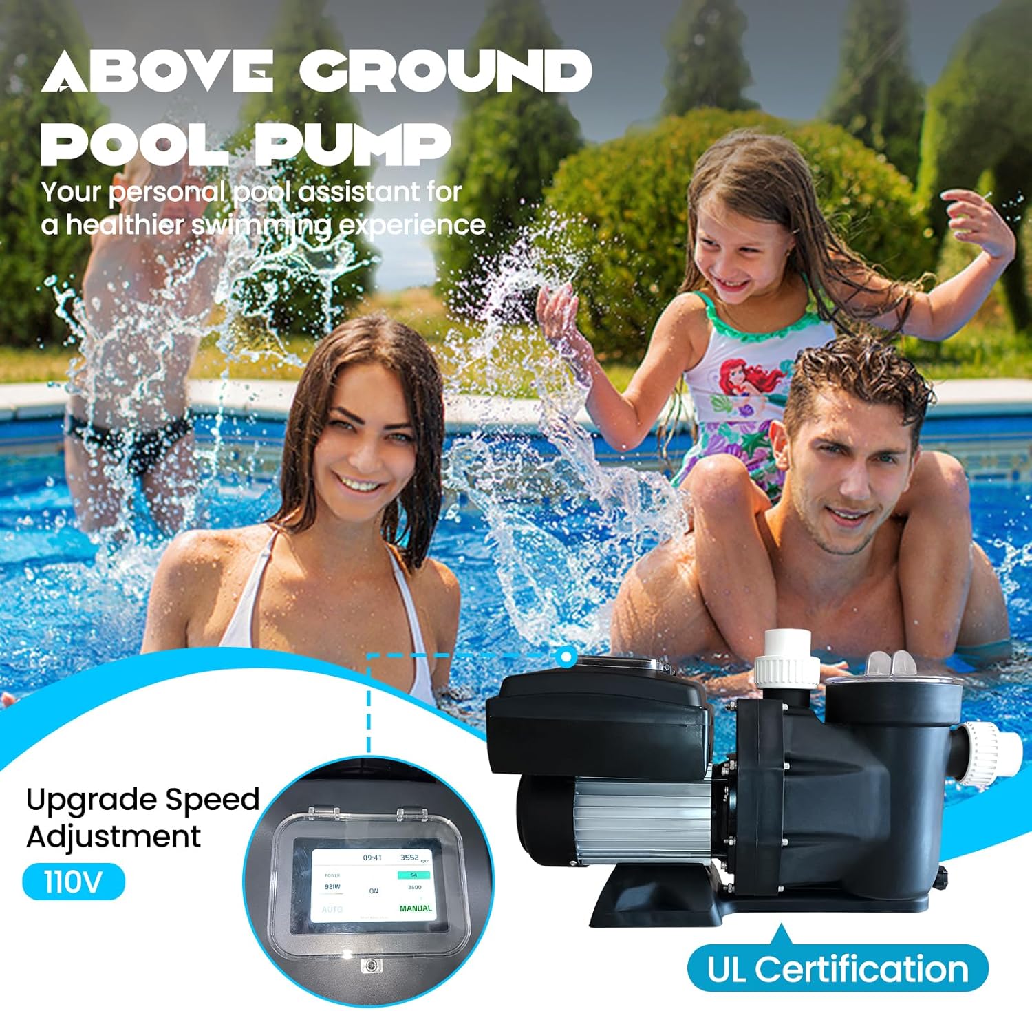 1.5HP Above/In Ground Pool Pump, 3000-9000 GPH Variable Speed, 110V Self Priming Swimming Pool Pump, 1100W Powerful Copper Motor Self Priming Silent Operation, with Control Screen