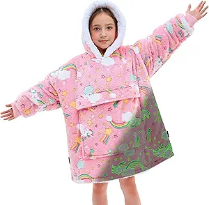 yescool Wearable Blanket Hoodie Kids Glow in the Dark, Oversized Blanket Sweatshirt with Sherpa Teen Girl Gifts for Kids,Girls, 8-15 Year Old Girl Boy Gift Warm Wearable Blankets, One Size, Rainbow