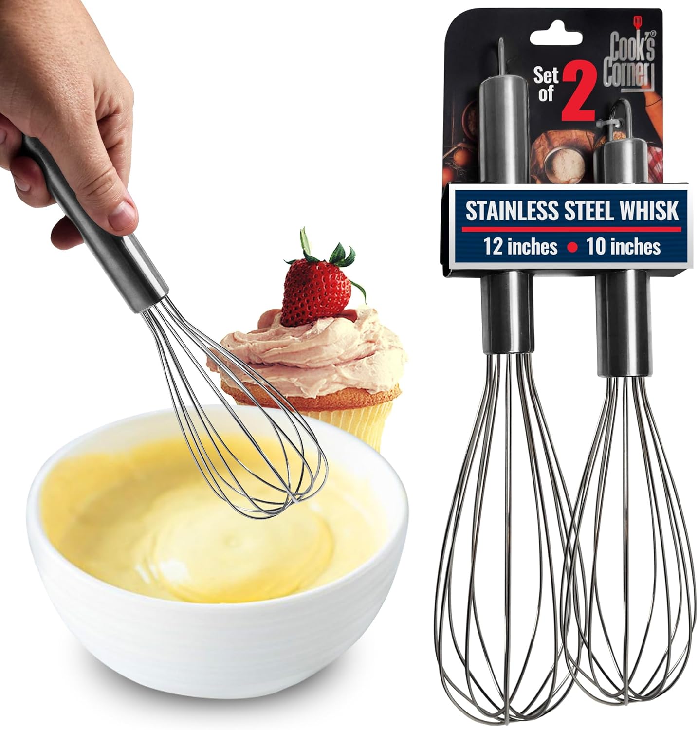 Stainless Steel Whisks 2 Pack Wire Whisk Set 10” and 13” Balloon Kitchen Whisks