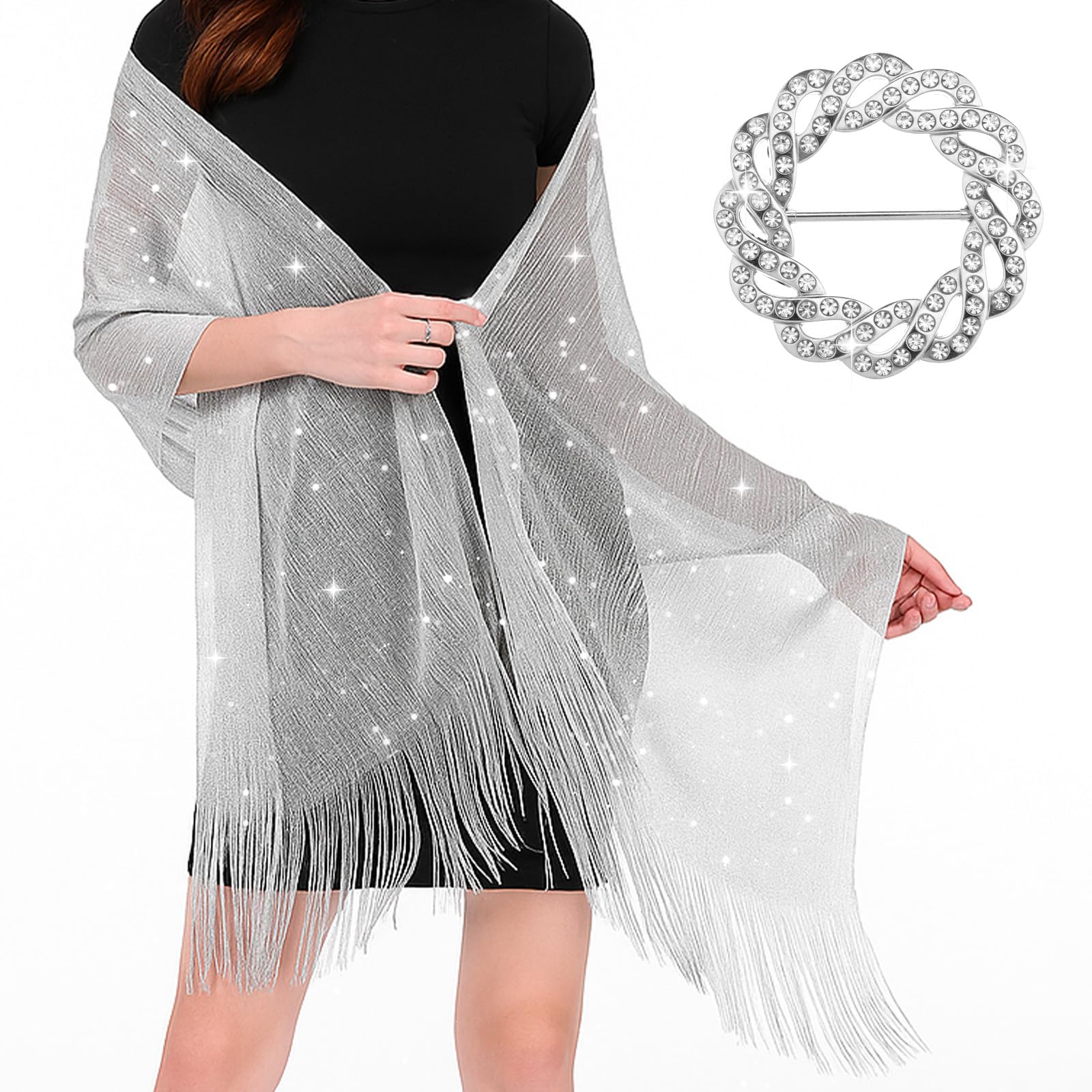 Scialli e involucri da donna per abiti da sera con glitter, scialli con frange, mantello da sposa per sposa e damigella d'onore, argento
