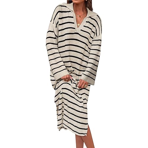ZESICA Women’s Fall Striped Sweater Dresses 2024 Casual Long Sleeve Lapel V Neck Knit Side Slit Midi Dress