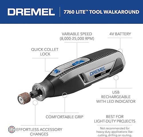 Miniatura 2 de Dremel Lite 7760-N25 - Kit de herramientas rotativas inalámbricas con velocidad variable, carga USB, fácil cambio de accesorios, perfecto para