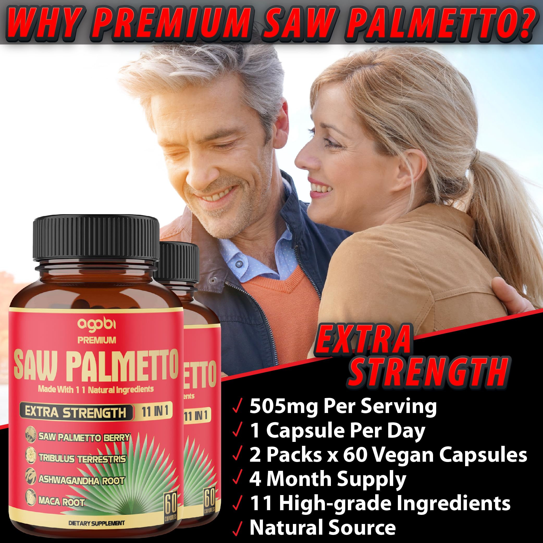 2 Packs 60 Counts 4 Months - Saw Palmetto Capsules 5300 mg - 11in1 with Ashwagandha, Turmeric, Tribulus, Maca, Green Tea, Holy Basil & More - Extract for Prostate, Skin & Immune Support — Amazon image 5