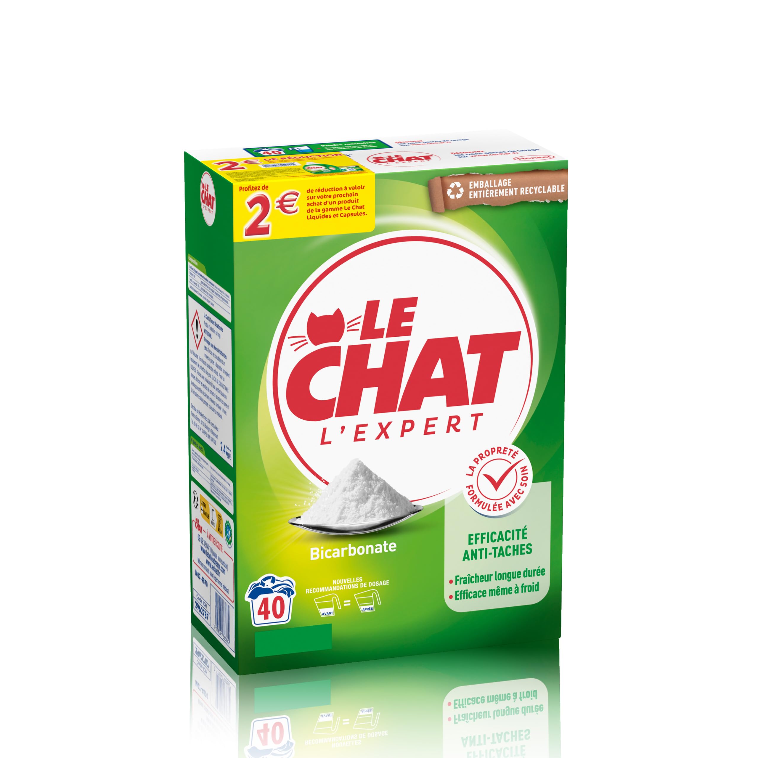Le Chat Lessive en Poudre, L'Expert Bicarbonate, Lessive pour entretien du linge,Fraicheur longue duree, Efficacite anti-taches, 40 lavages