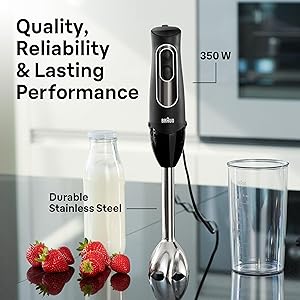 Braun MultiQuick 5 Immersion Hand Blender with Dual Speed + Turbo and Patented Technology, 350W - Includes Beaker and Whisk, Black, MQ505