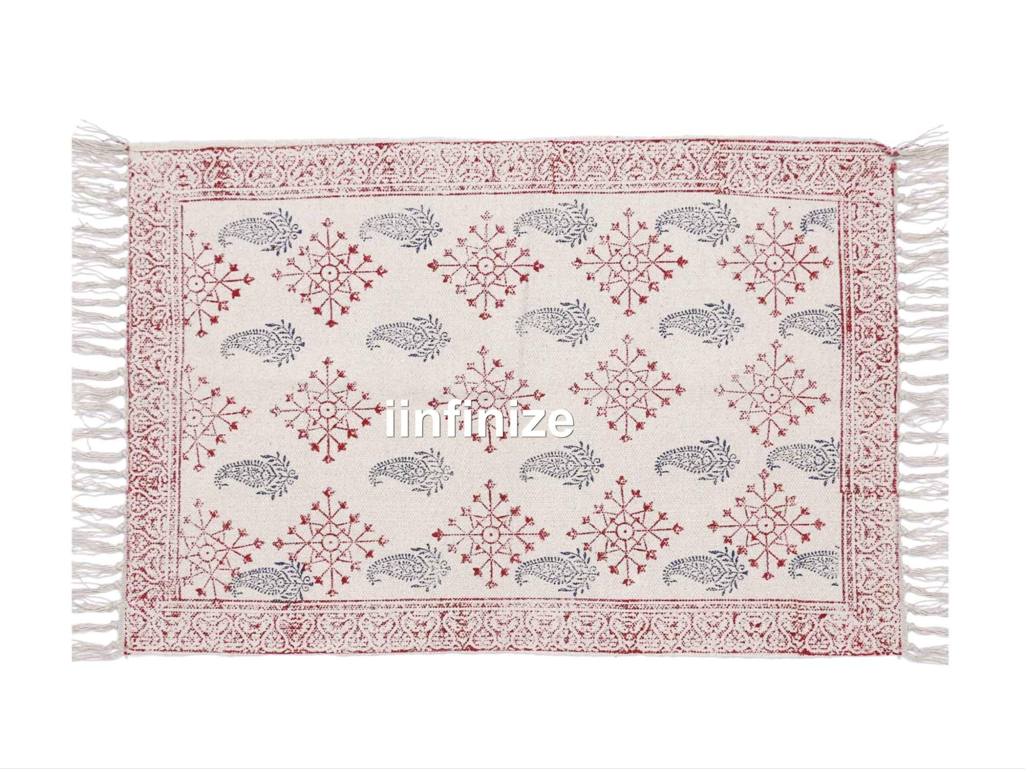 IINFINIZE 3x5 Ft Indian Block Print Vintage Rug Floor Mat Handloom Woven Kilim Carpet Handmade Natural Cotton Dari Pray Mat,100% Cotton Block Print Work Carpet Handmade Cotton Area Rug Runner
